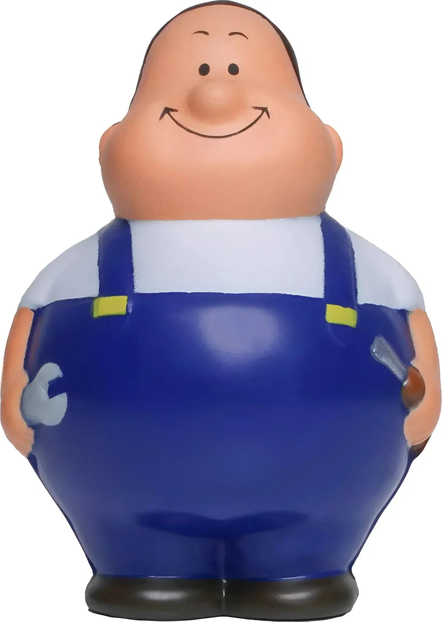 Blaue plastik-schrauber-bert anti-stress-quetsch-figur mit lächelndem gesicht und gelben overalls