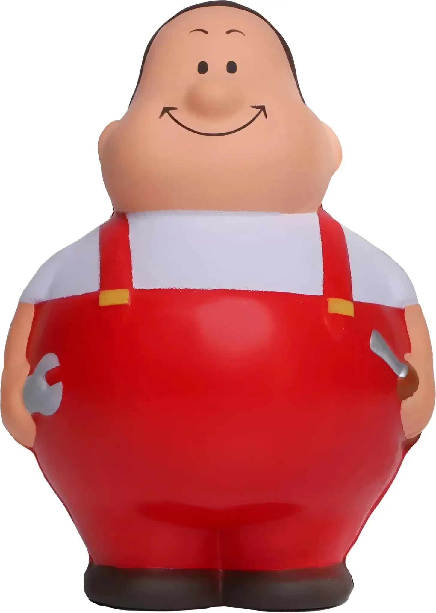 Rote plastik schrauber bert anti-stress-quetsch-figur mit weißem shirt und gelben trägern in rot overall