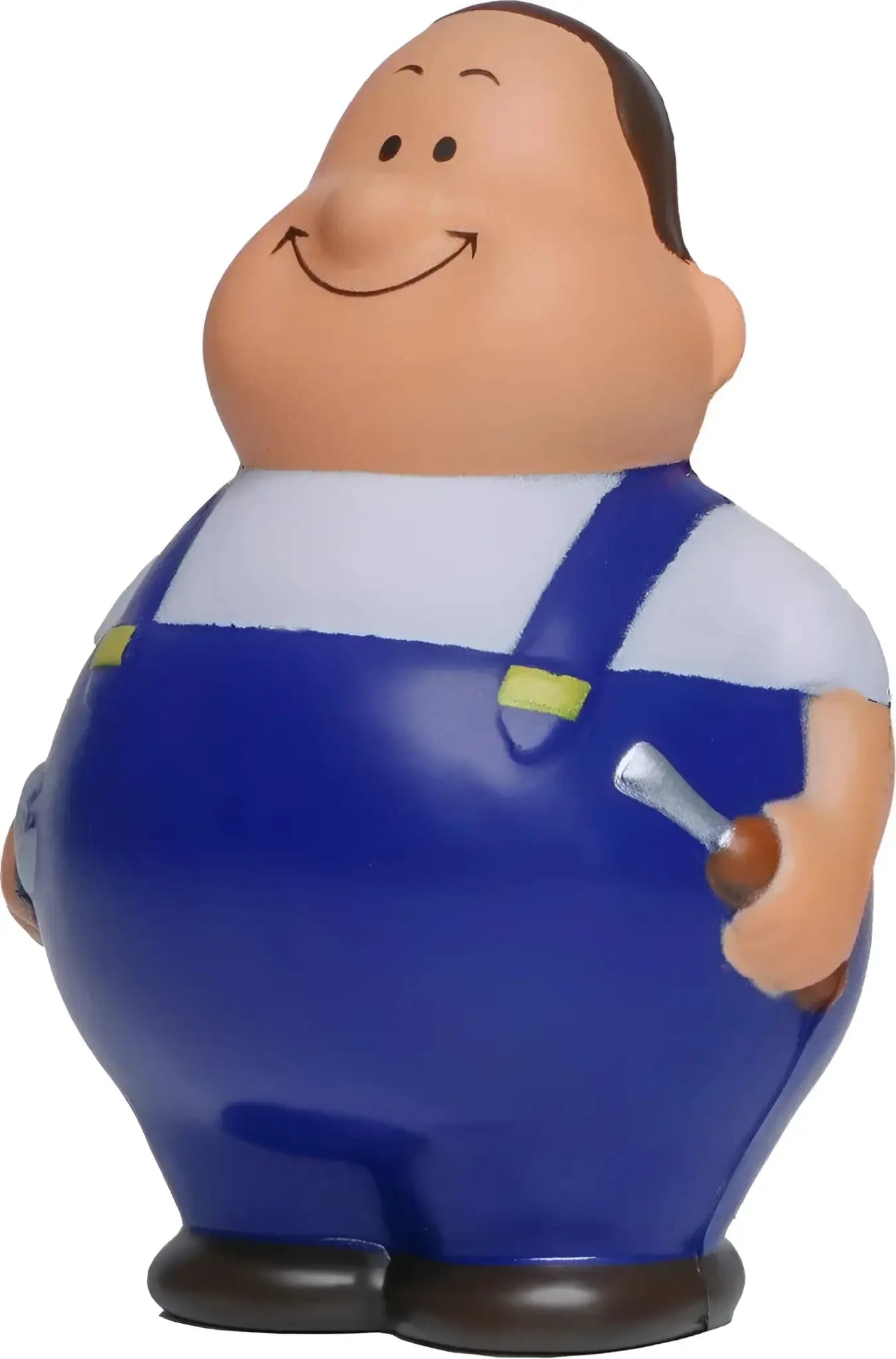 Blaue plastikfigur von schrauber bert in overalls mit werkzeug als anti-stress-quetsch-figur