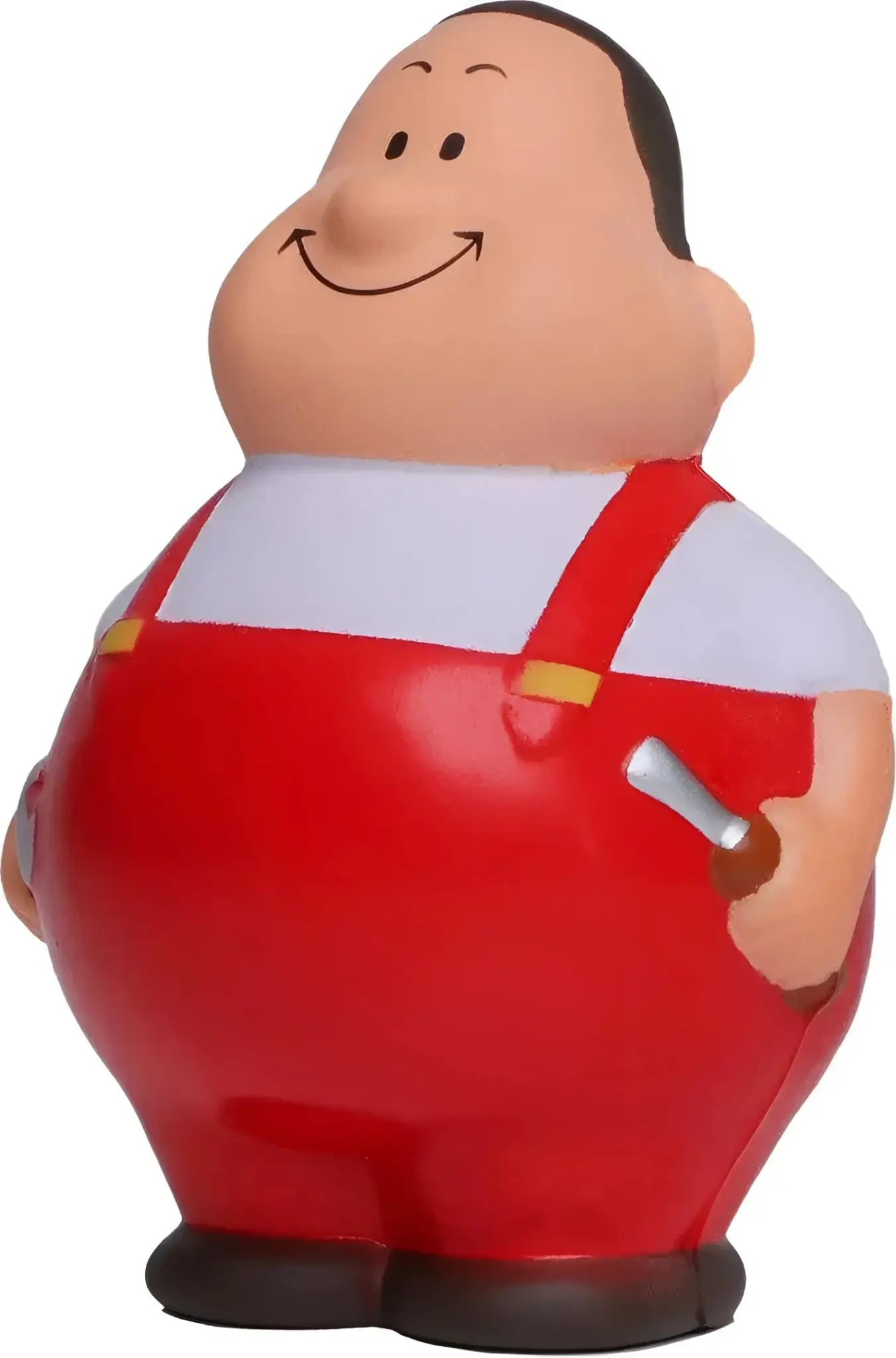 Eine fröhliche schrauber bert anti stress-quetsch-figur in rot mit rundem gesicht und werkzeug in der hand