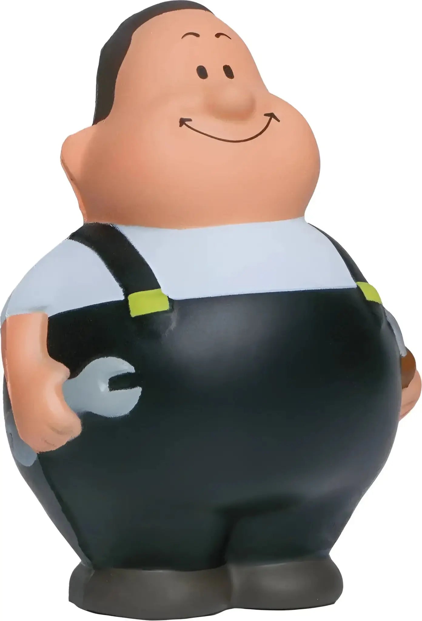 Chubby cartoon mechanic figurine schrauber bert in black overalls and light blue shirt holding silver wrench stress toy