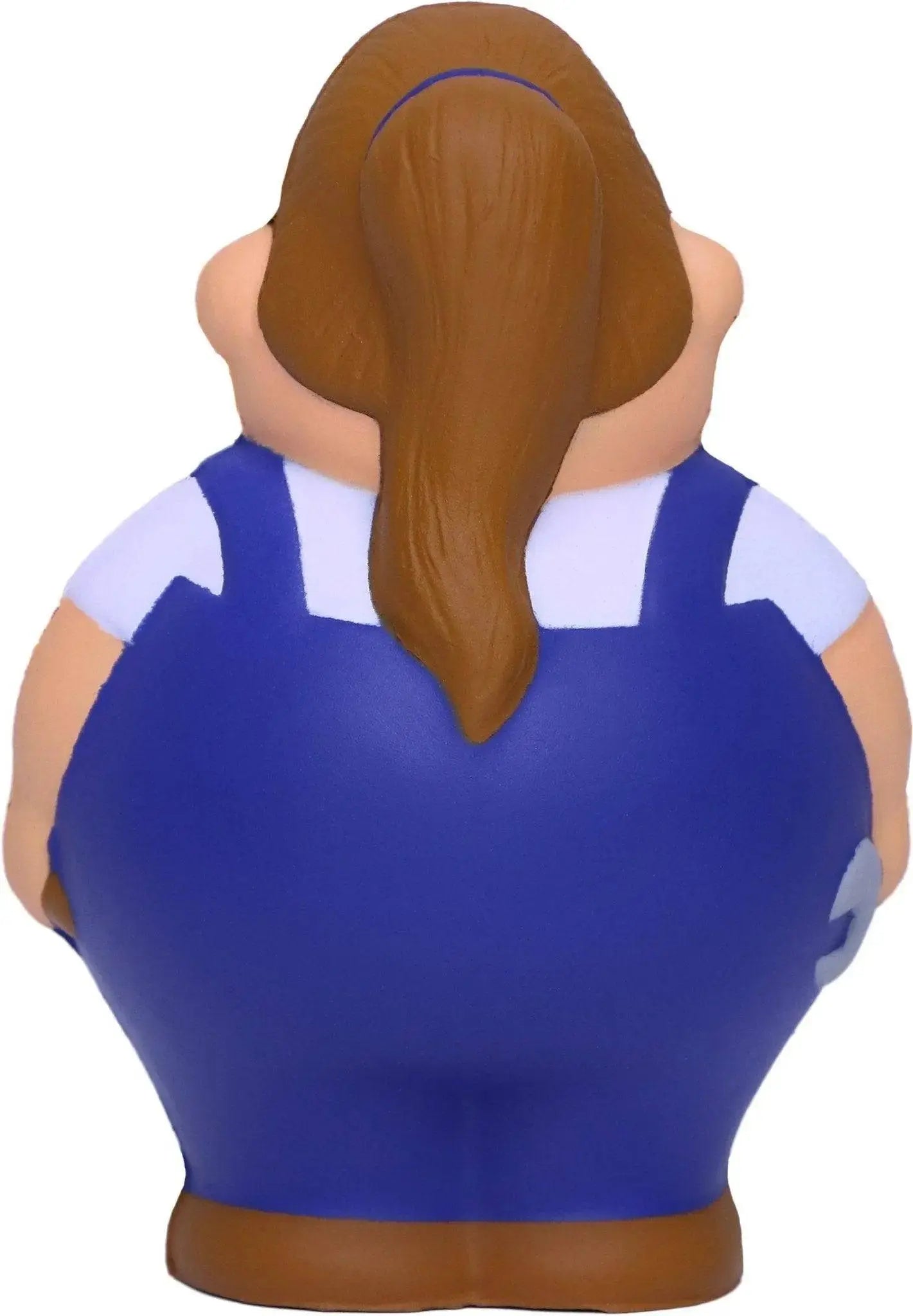 Blaue und weiße overalls an schrauberin berta anti stress quetsch figur mit braunen pferdeschwanz von hinten