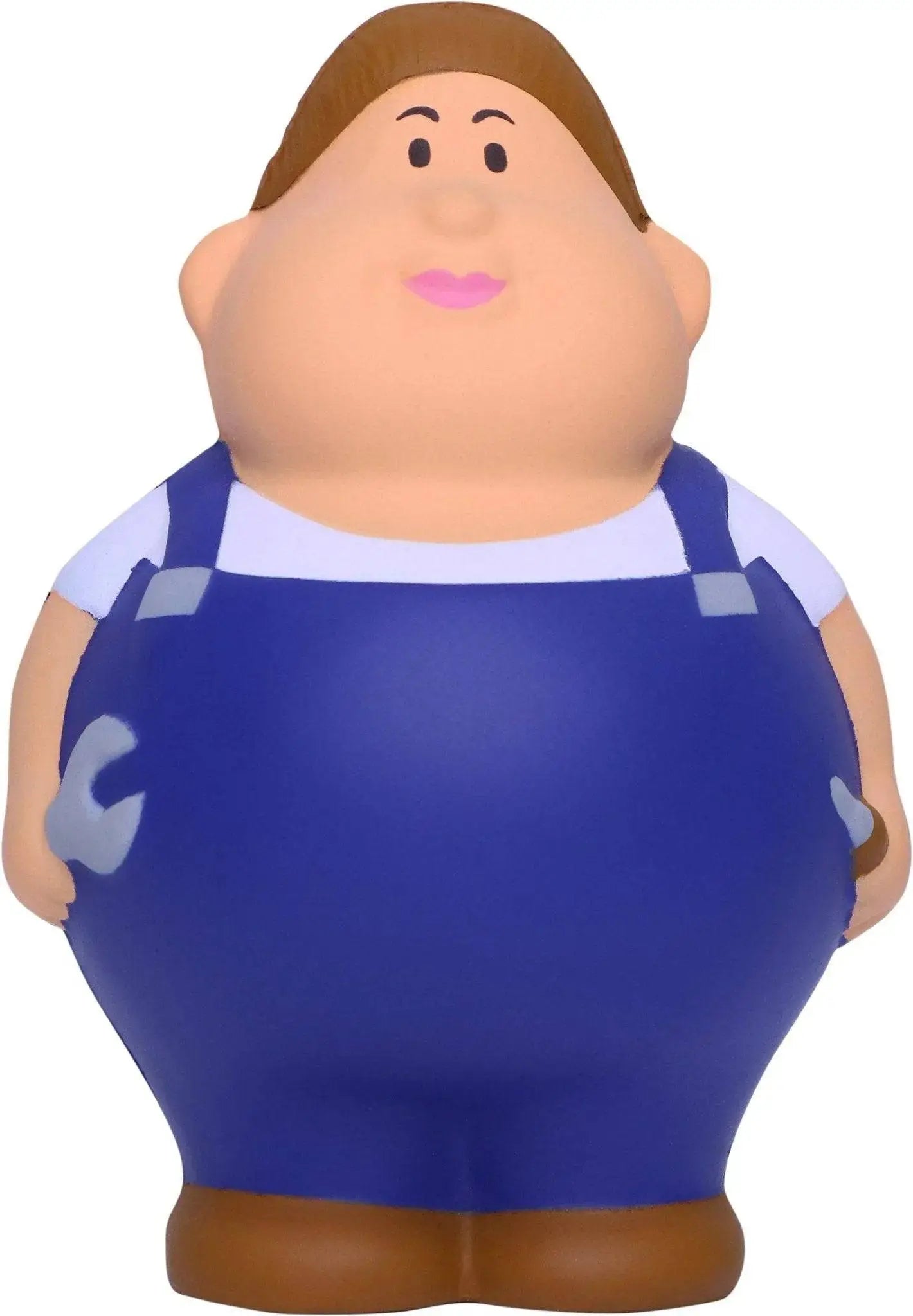 Blauer gummi stress-quetsch-figur schrauberin berta cartoon mann in overalls mit braunen haaren und rosa lippen