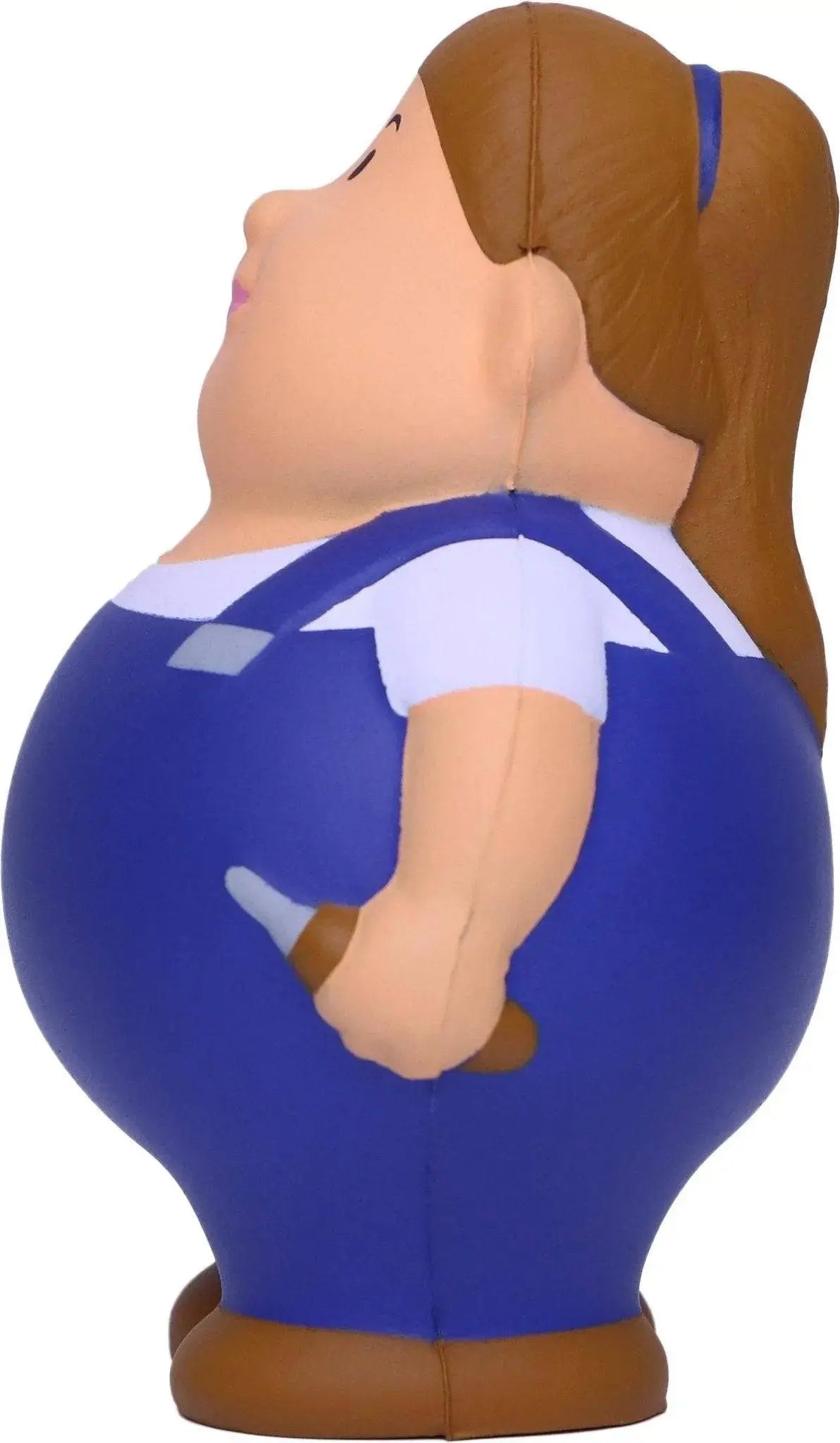 Blau weiße cartoon-style schrauberin berta anti-stress-quetsch-figur mit braunen zopf und overall