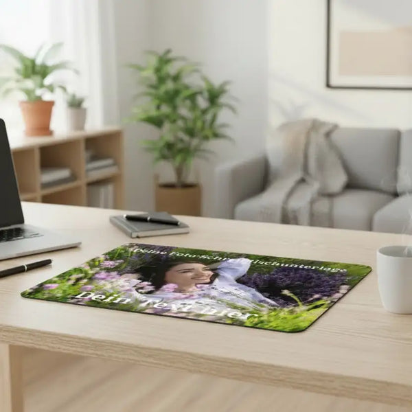 Personalisierbares Fotomousepad mit einer lächelnden Frau in weißer Kleidung, umgeben von lila und pinken Blumen, gedruckt auf einer glatten Oberfläche mit Platzhaltertext.