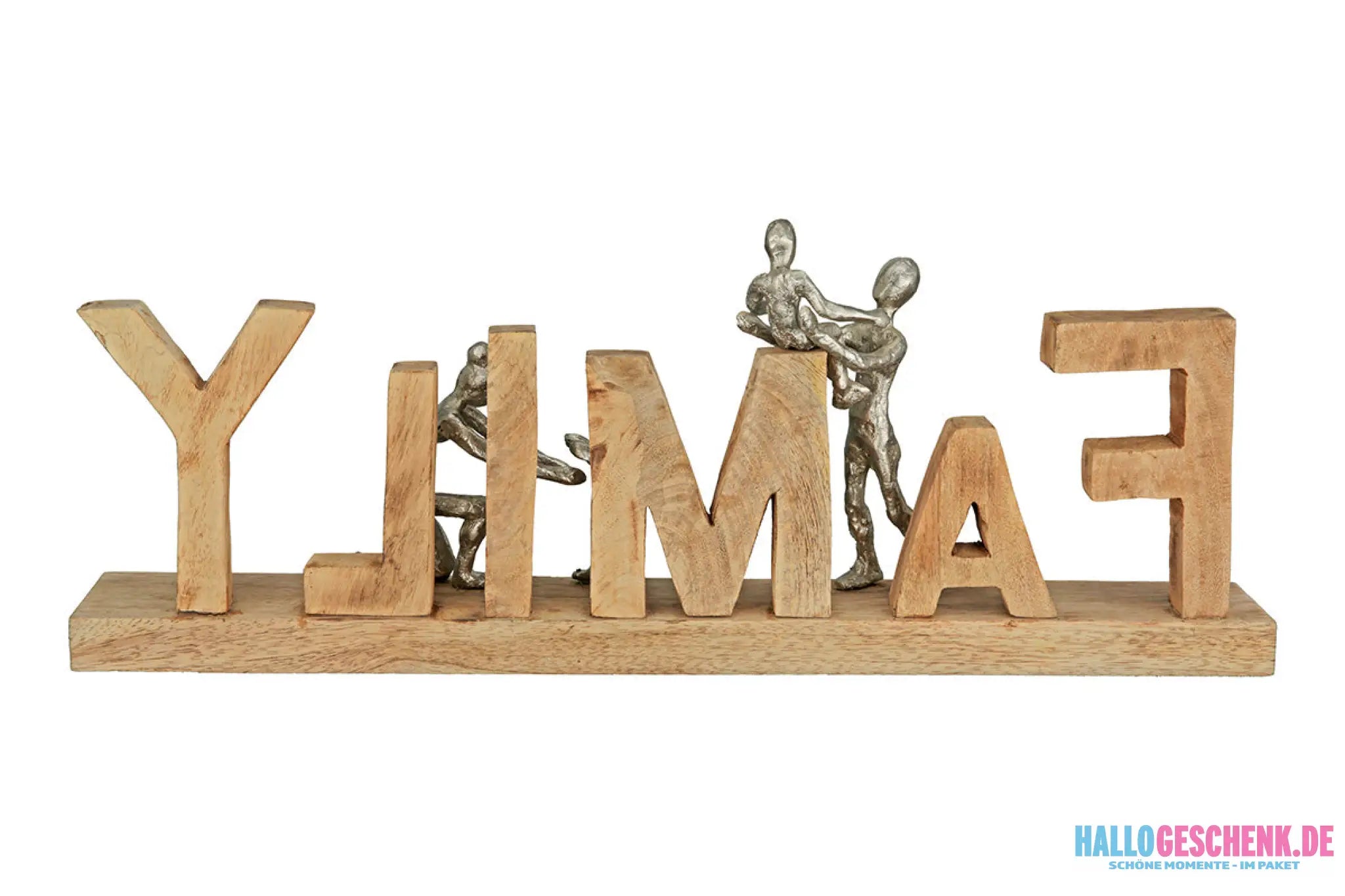Schriftzug: „Family“ • Mangoholz & Aluminium • Natur/Silber • 21×55×7,5 cm • Gilde - Skulptur