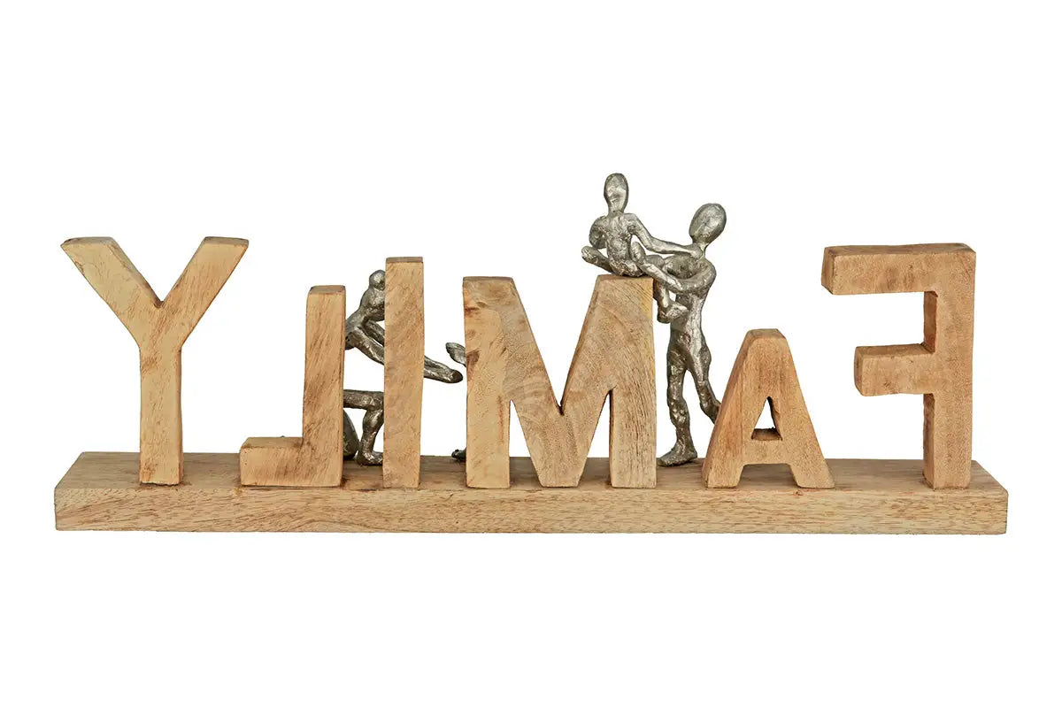 Schriftzug: „Family“ • Mangoholz & Aluminium • Natur/Silber • 21×55×7,5 cm • Gilde - Skulptur
