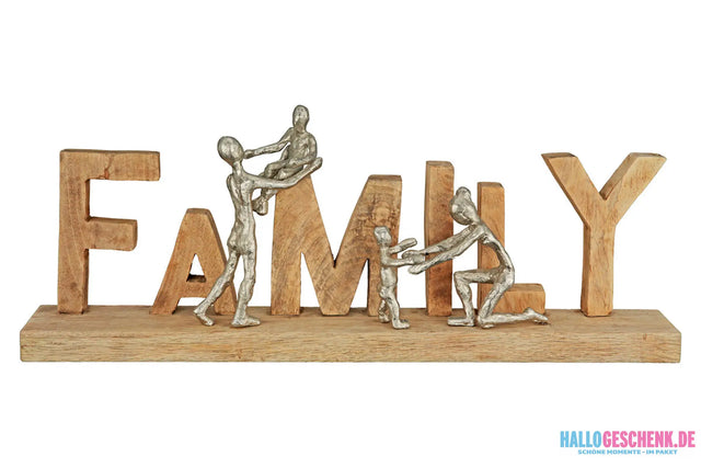 Schriftzug: „Family“ • Mangoholz & Aluminium • Natur/Silber • 21×55×7,5 cm • Gilde - Skulptur