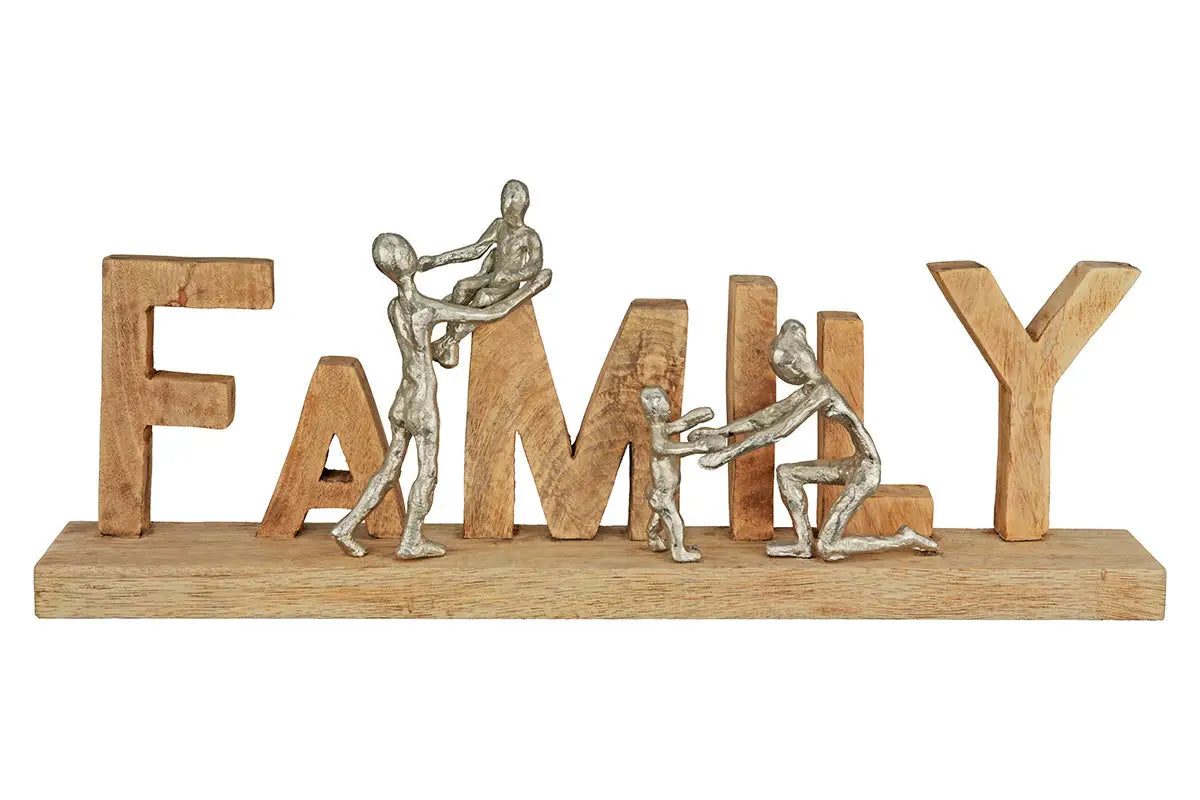 Schriftzug: „Family“ • Mangoholz & Aluminium • Natur/Silber • 21×55×7,5 cm • Gilde - Skulptur