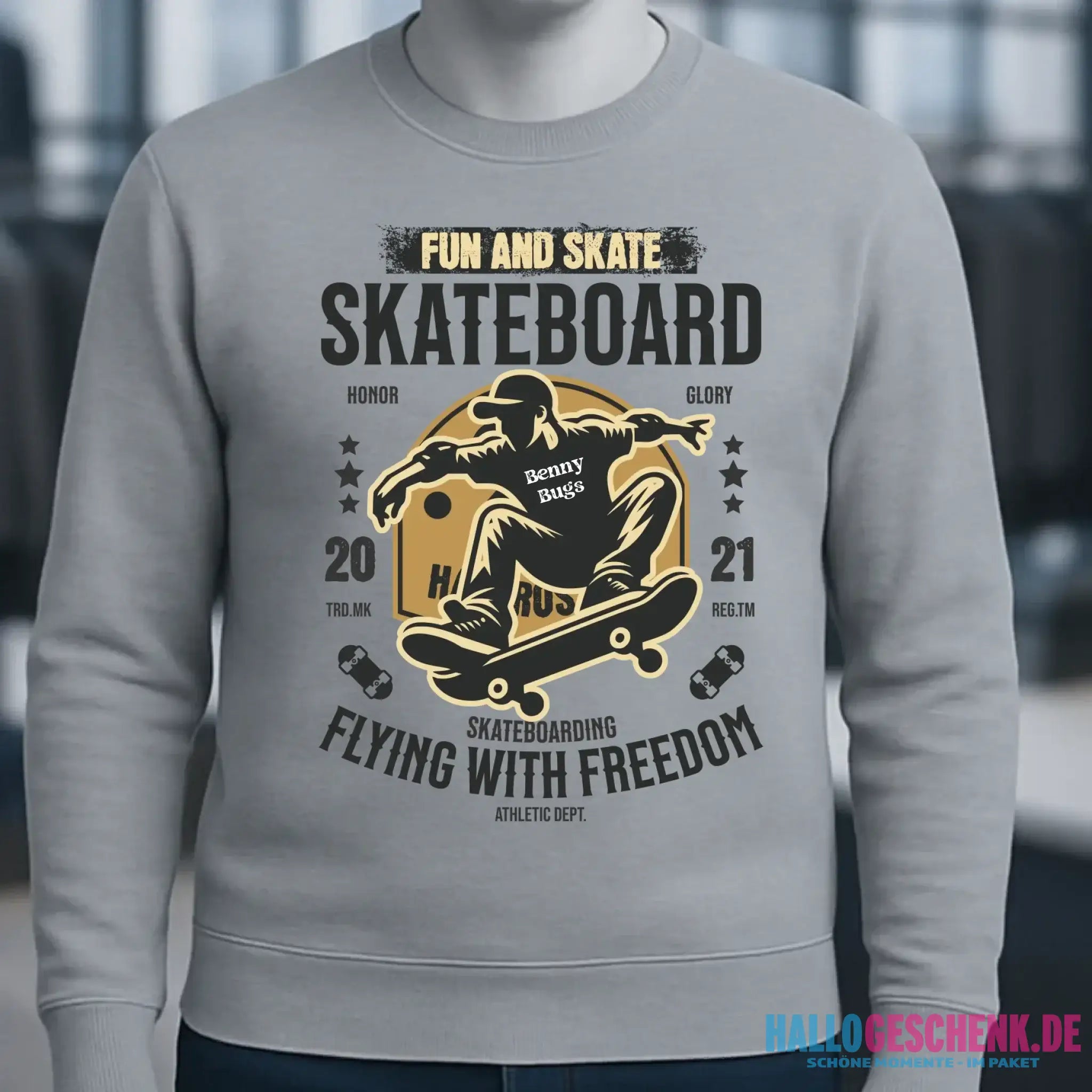 Skater mit Wunschname • Skateboard • Unisex Sweatshirt Bio-Baumwolle in 4 Farben XS-3XL • personalisiert