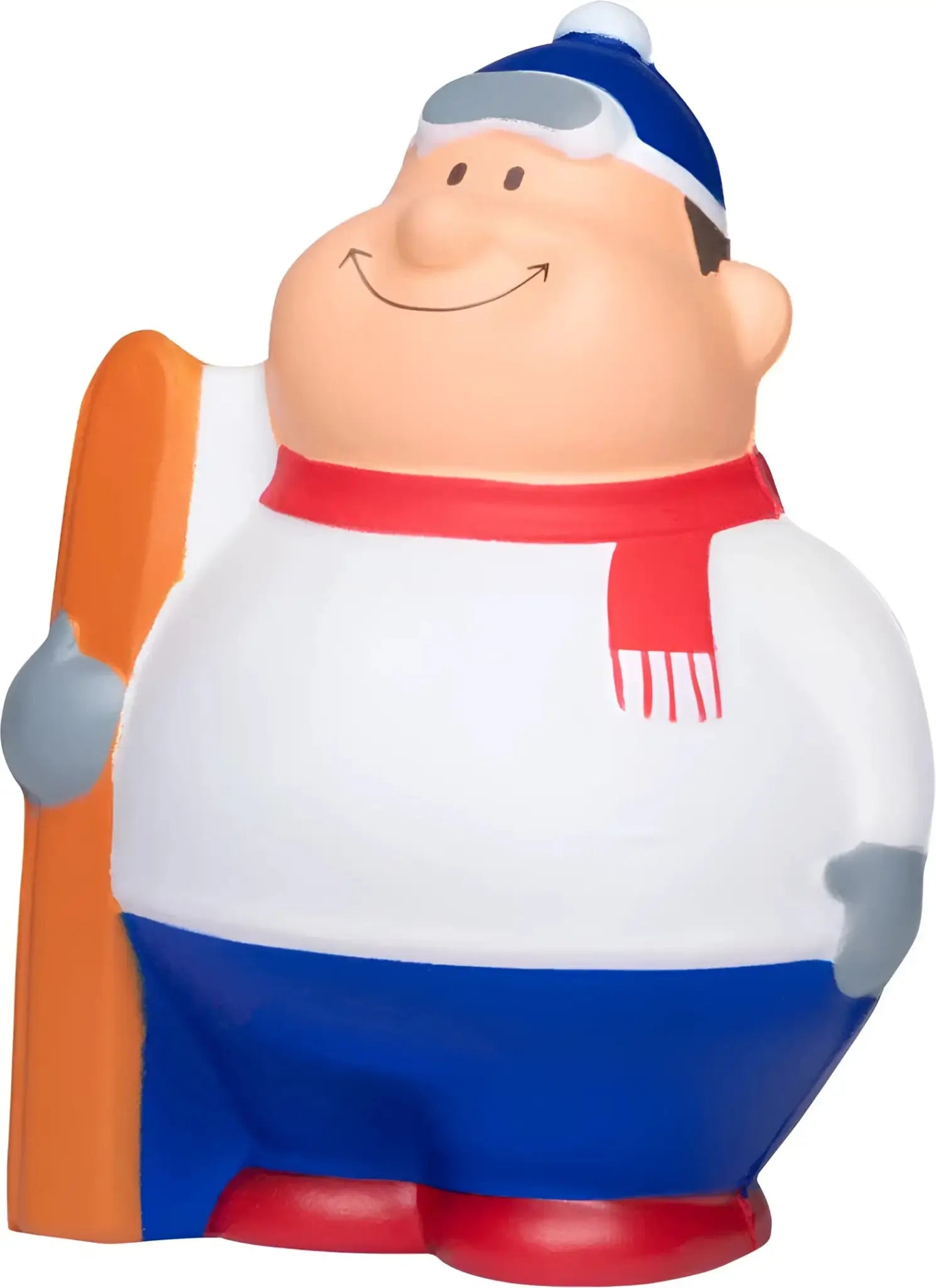 Fröhliche cartoon ski-instructor anti-stress-figur mit blauem hut, weißen goggles, rotem schal und orangen ski