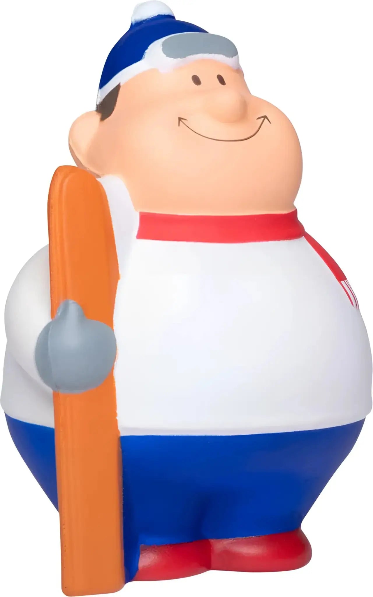 Eine fröhliche cartoon-skilehrer-quetschfigur ski bert mit blauer weißer mütze und rot abgesetztem weißem shirt