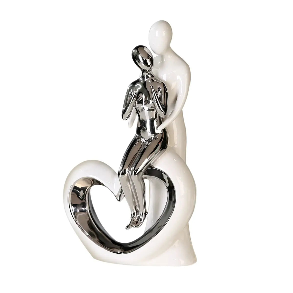 Skulptur: Paar „Romanze“ • Keramik • Silber & Weiß • 33,5x19,5 cm • Gilde - Skulptur