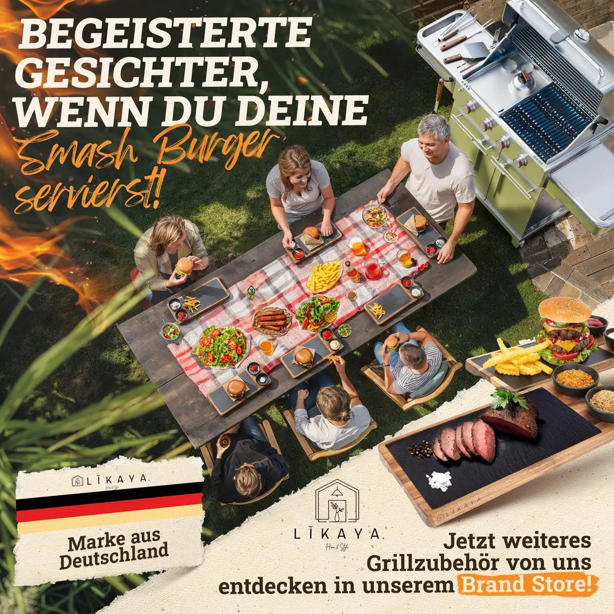 Smash Burger Master-Set XXL 9-TLG. Edelstahl mit Akazienholz-Griffen für Plancha, Grillplatte, Gasgrill & Feuerplatte
