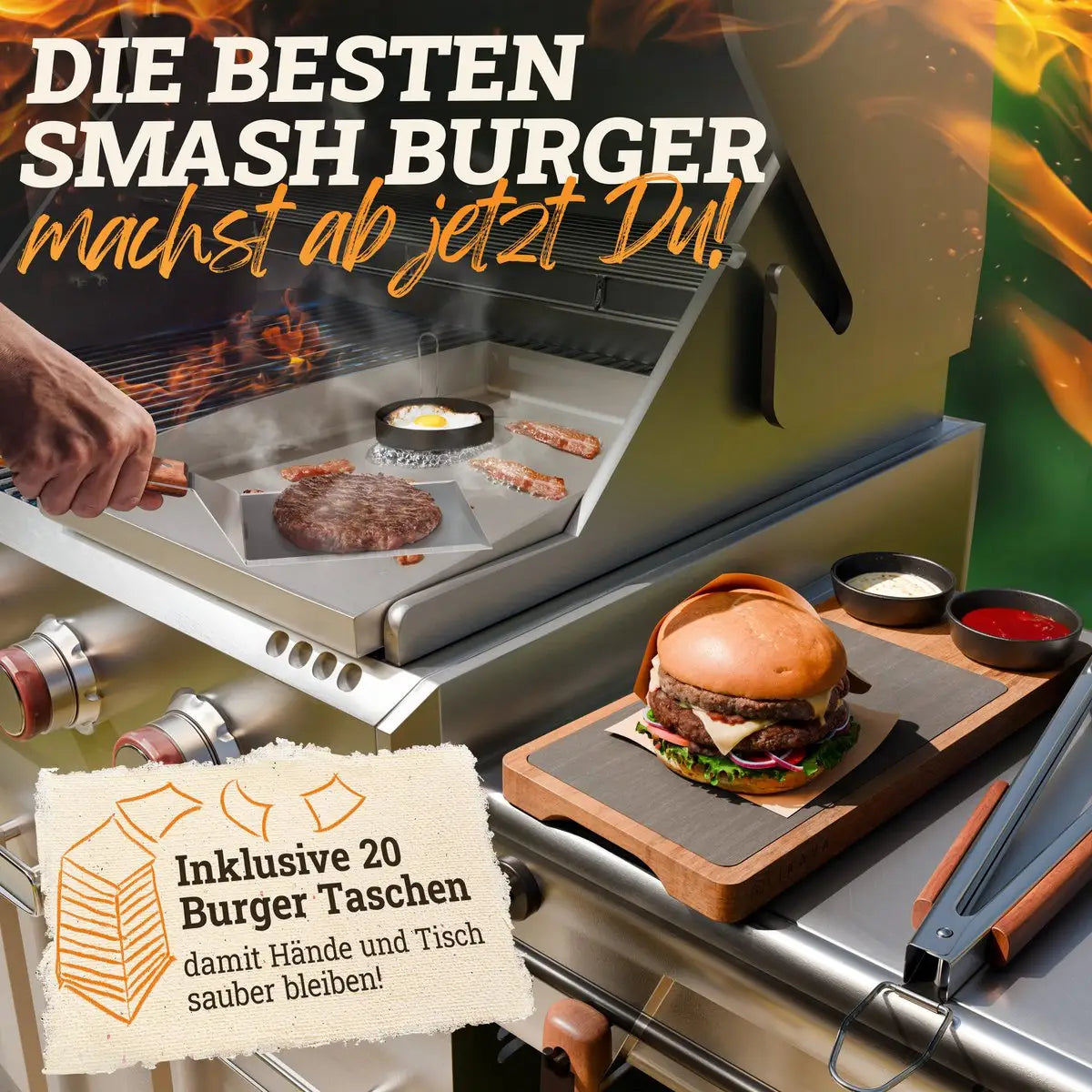 Smash Burger Master-Set XXL 9-TLG. Edelstahl mit Akazienholz-Griffen für Plancha, Grillplatte, Gasgrill & Feuerplatte