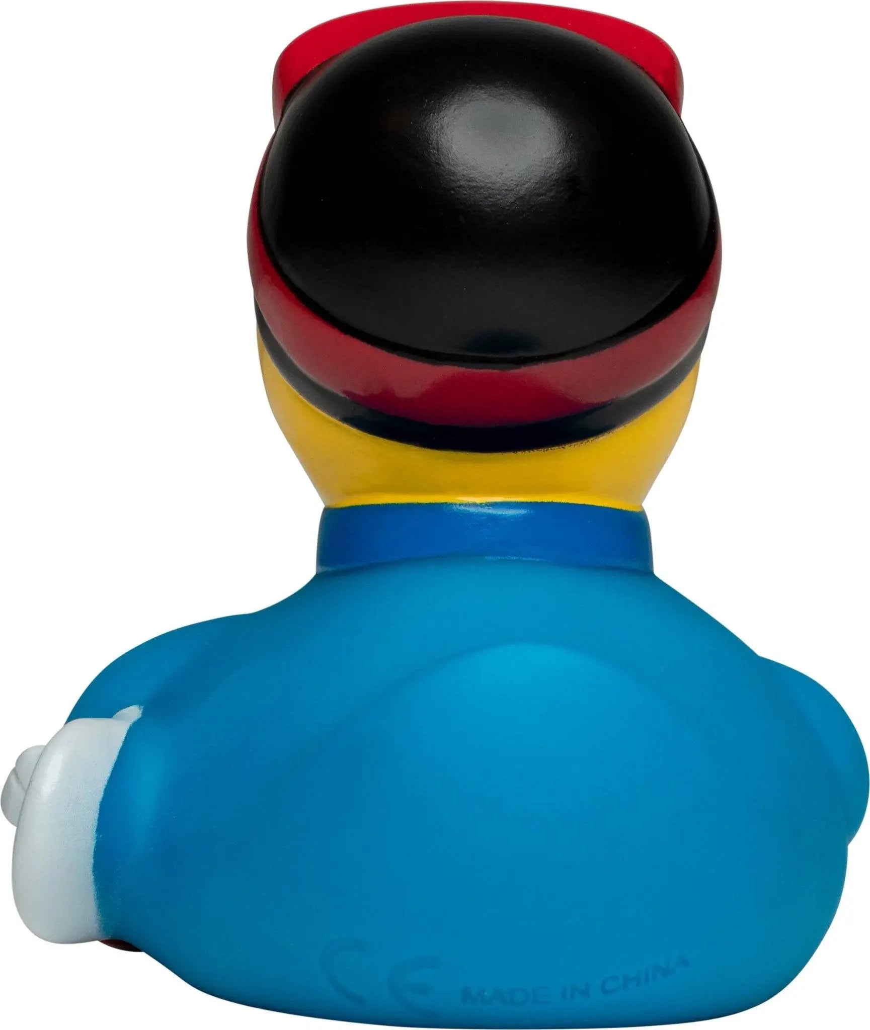 Blauer gummiente mit schwarzem, rotem und gelbem hut als snowboarder quietscheente badeente