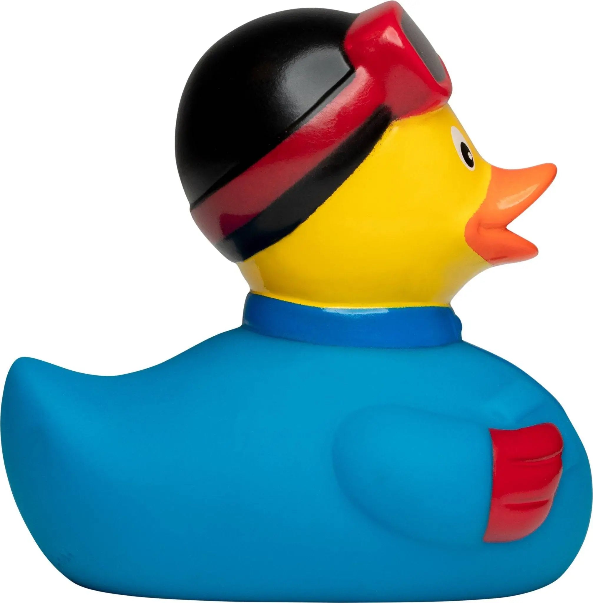 Gelbe quietsche-ente mit schwarzem helm und blauem snowboard-anzug als snowboarder badeente