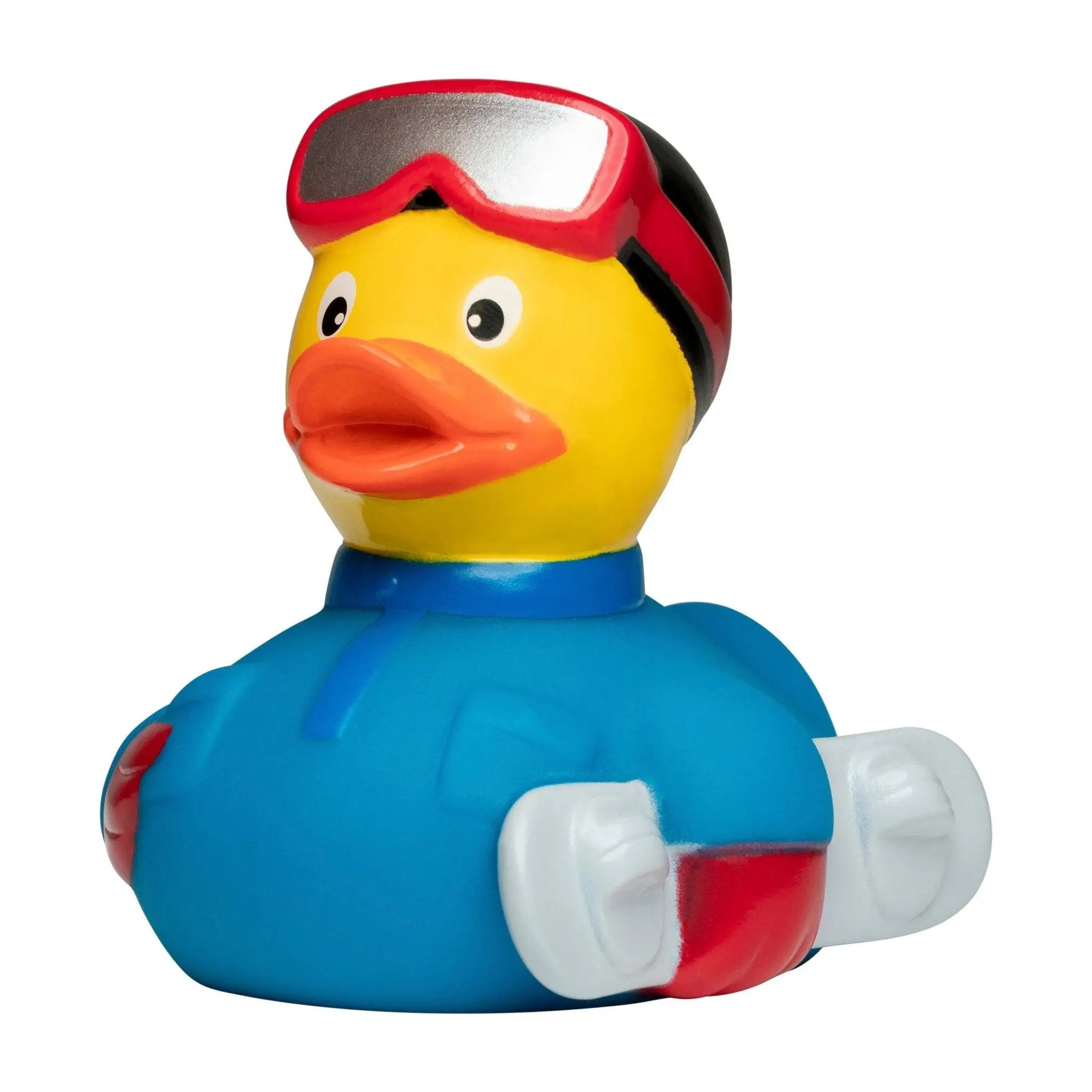 Eine gelbe quietscheente als snowboarder mit roten goggles, blauem jumpsuit, weißen handschuhen und roten akzenten