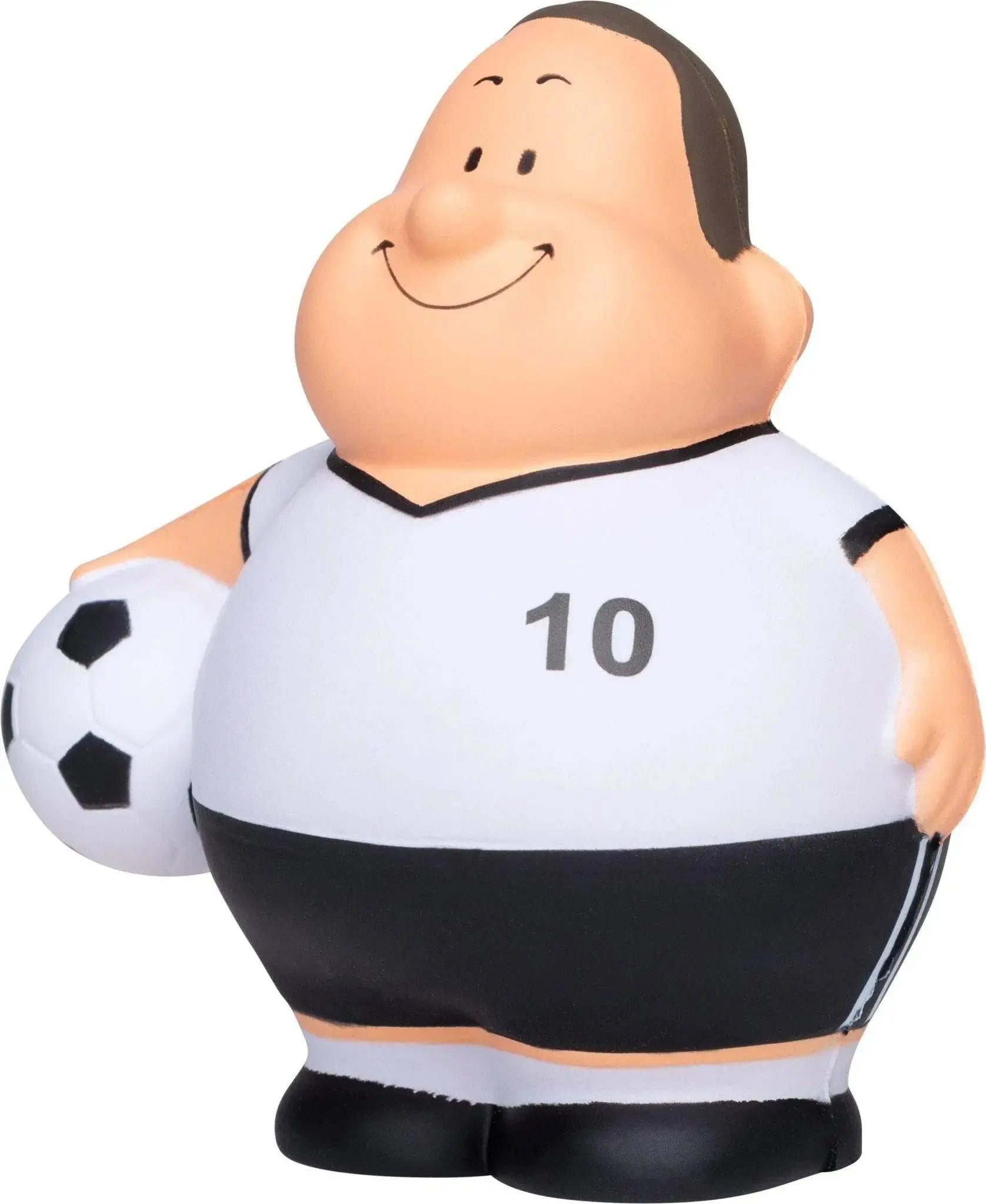 Eine fröhliche anti-stress-quetsch-figur namens soccer bert in weißem trikot nummer 10 und schwarzen shorts mit fußball