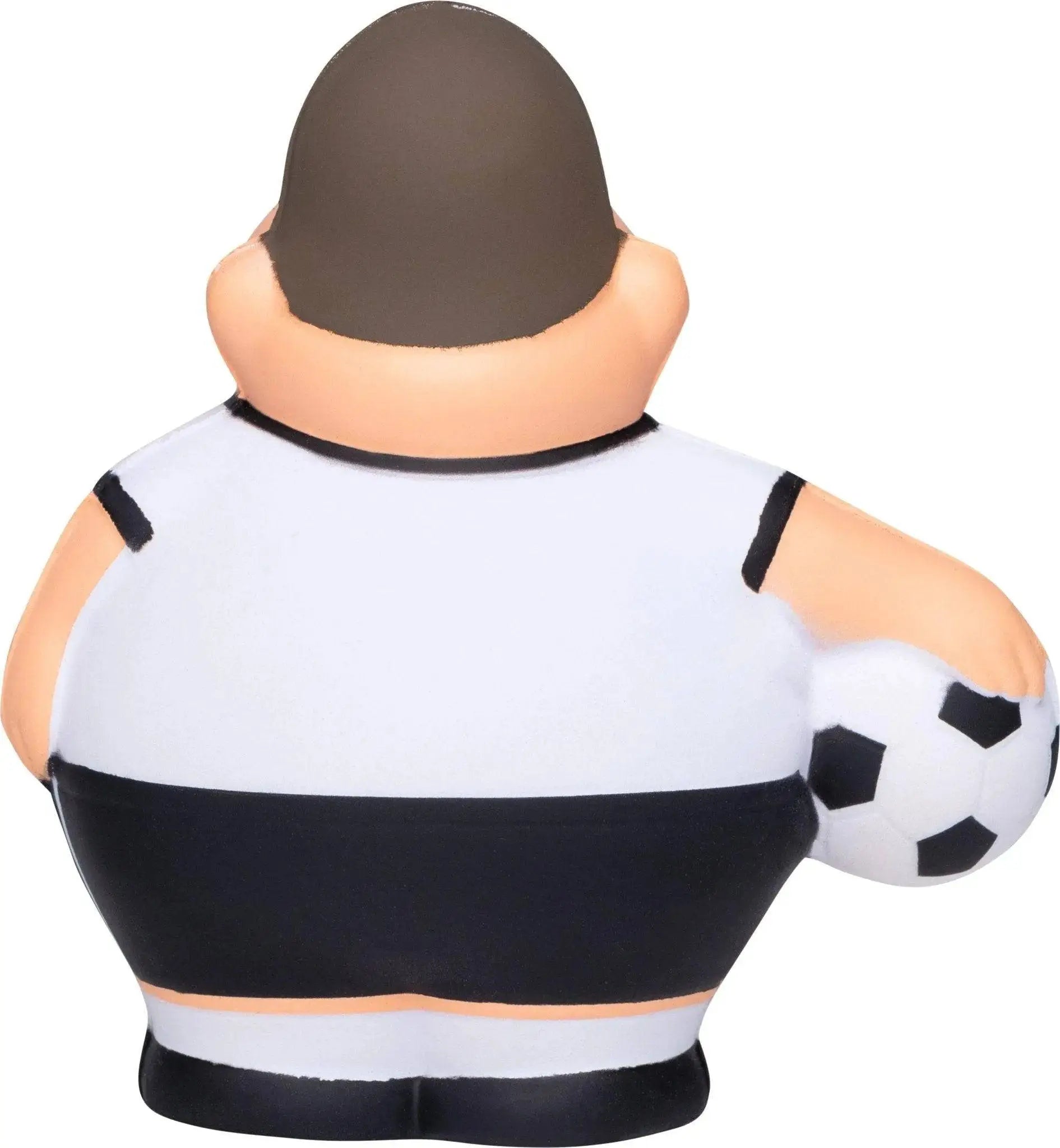 Plüschfußballspielerfigur soccer bert mit braunen haaren und weiß schwarz gestreiftem trikots als anti stress quetschfigur