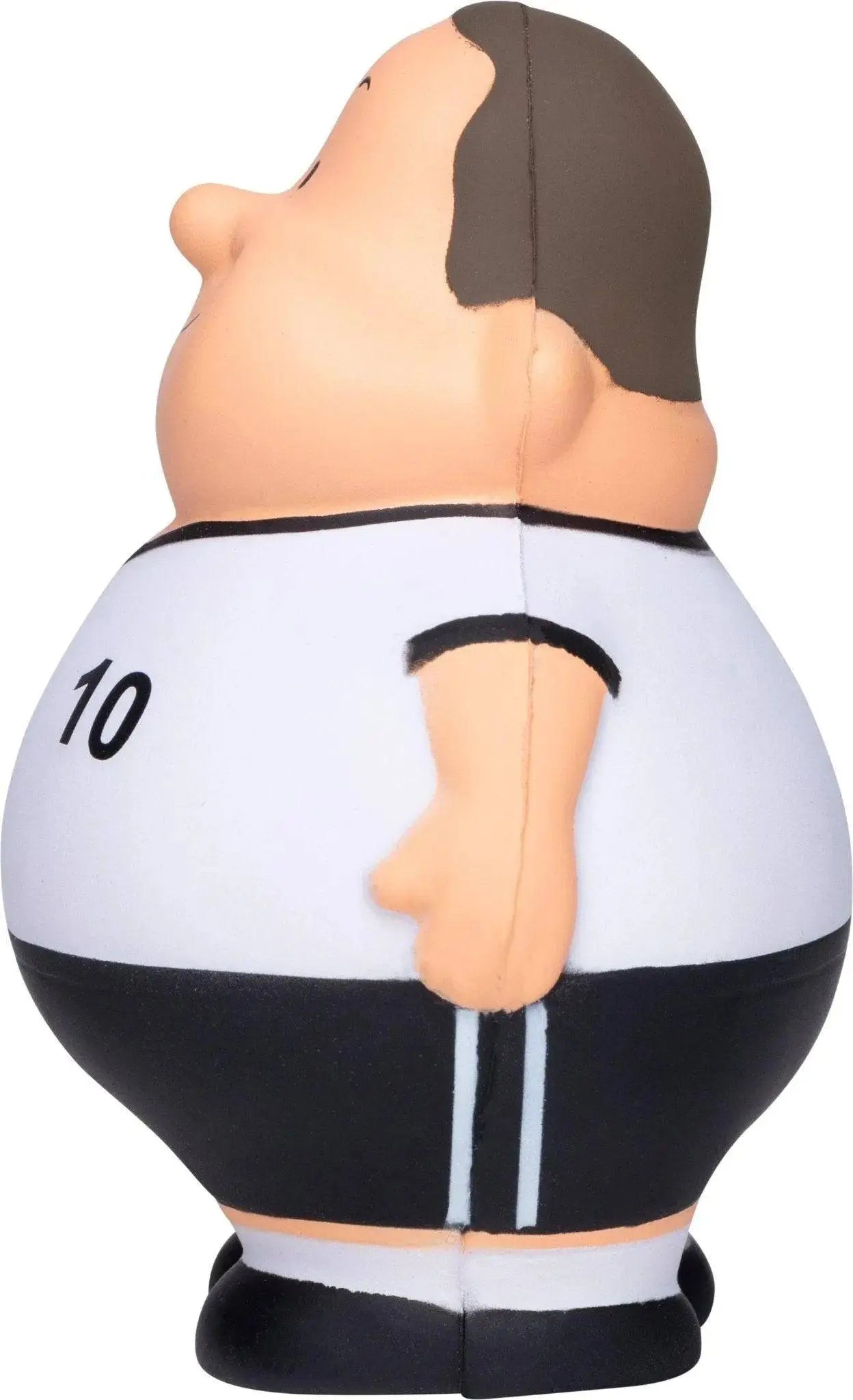 plush cartoon soccer player stress ball mit braun hair und weiß jersey number 10 seen from back