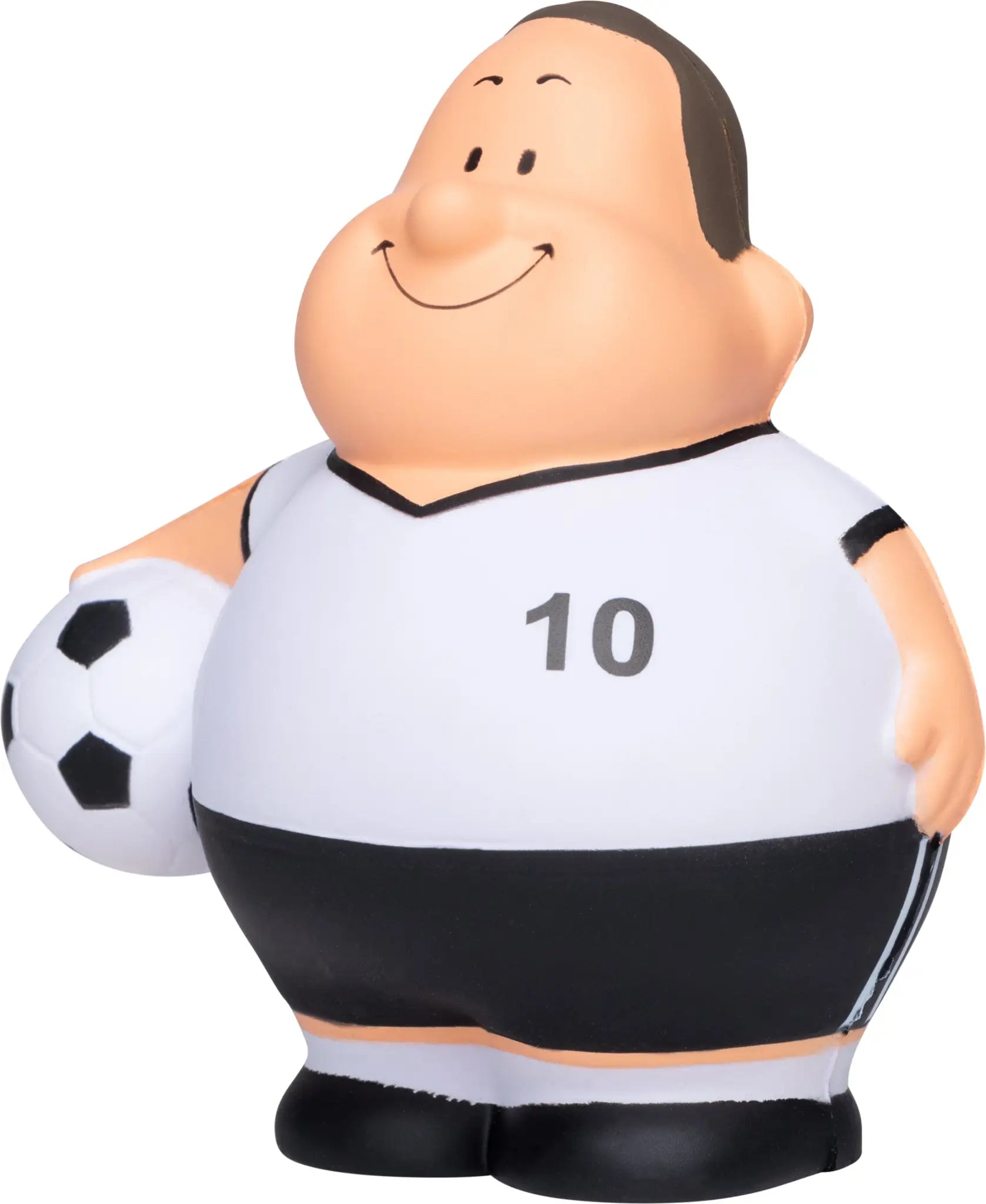 Ein fröhlicher cartoon-style fußballspieler quetschfigur im weißen trikot mit schwarz und nummer 10 hält einen klassischen schwarz-weißen fußball