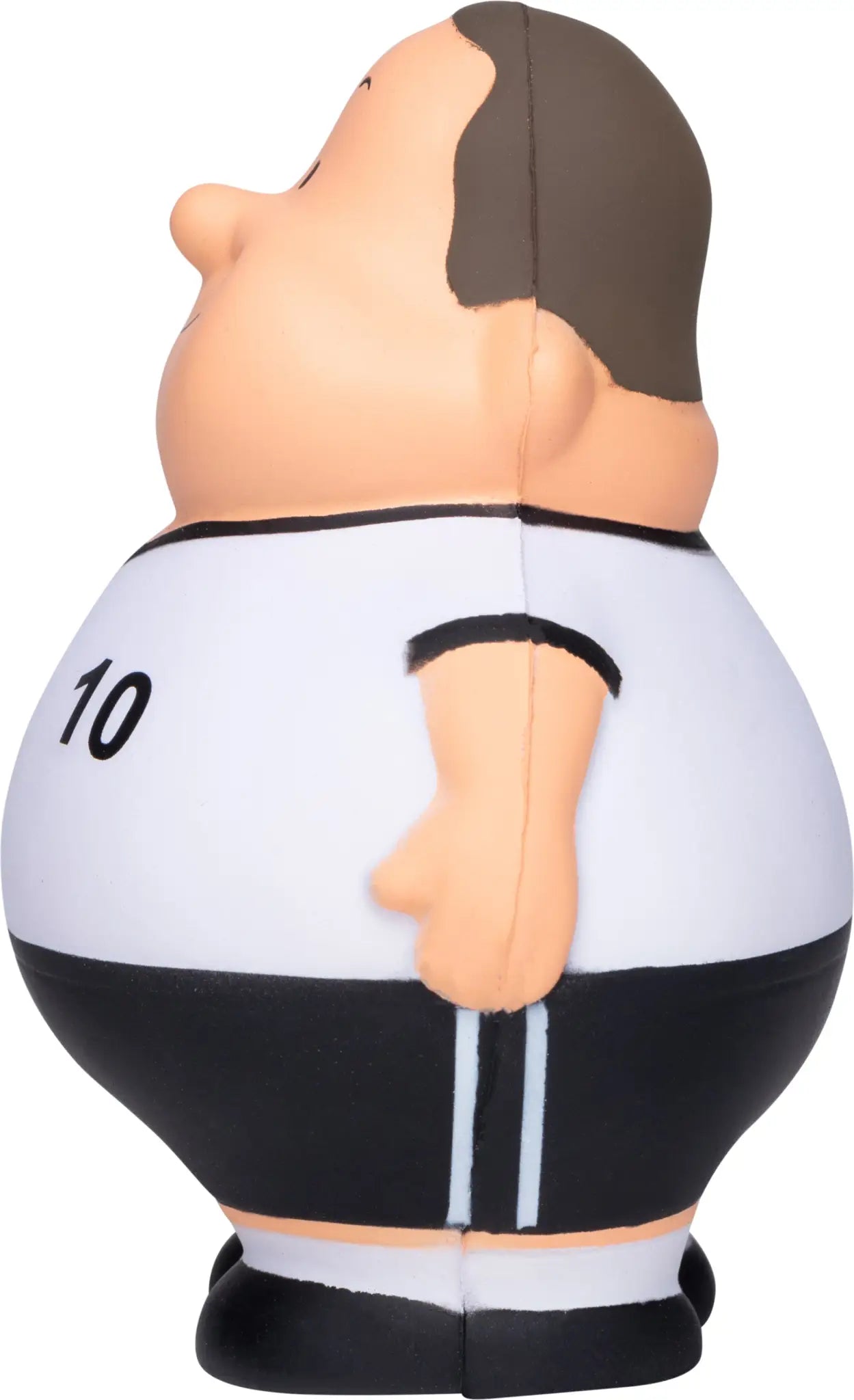 Cartoon-style stress ball soccer bert in white and black uniform with number 10 on the back brown hair peach skin