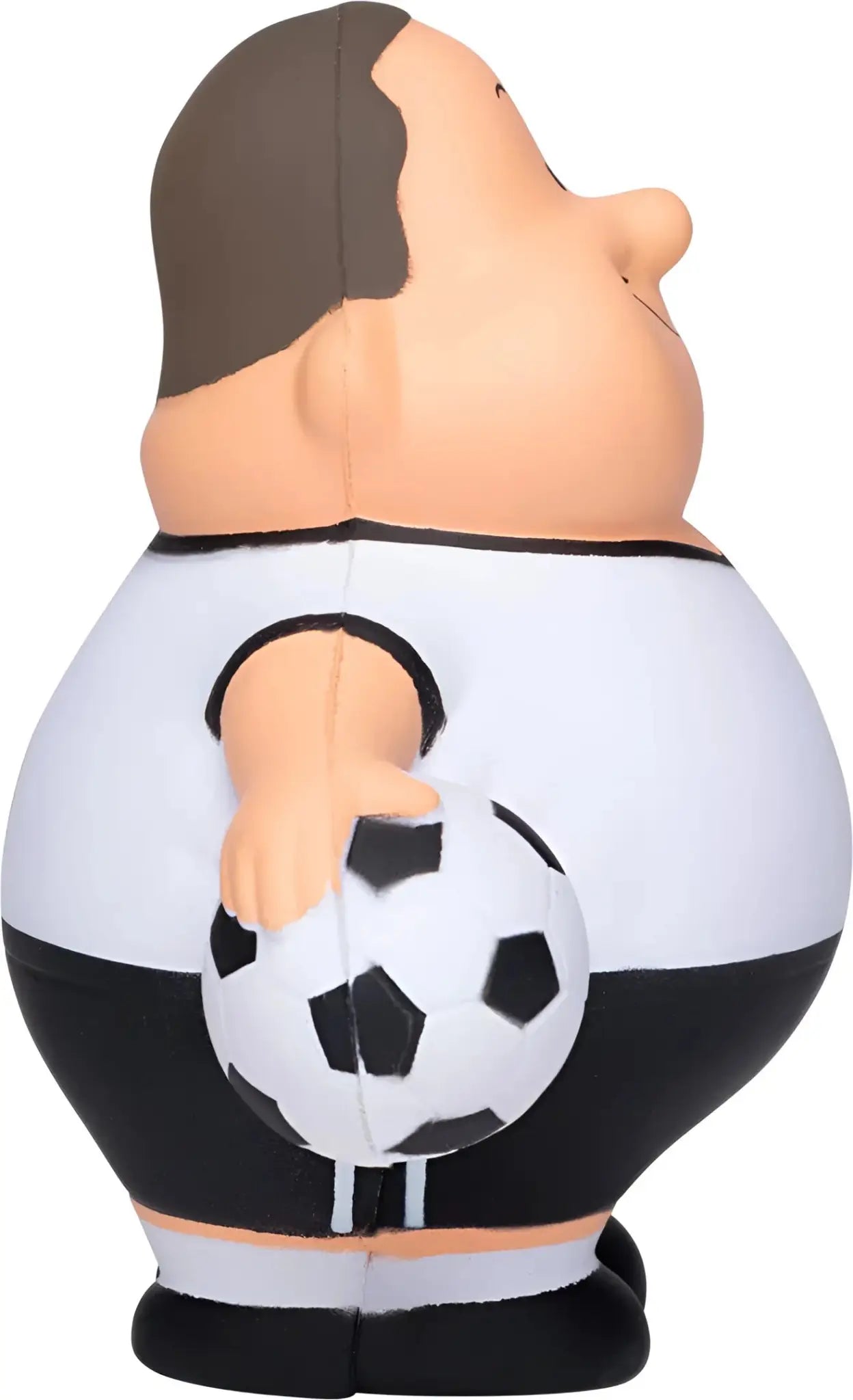 A chubby cartoon soccer player figurine with brown hair wearing a white and black jersey holding a classic soccer ball