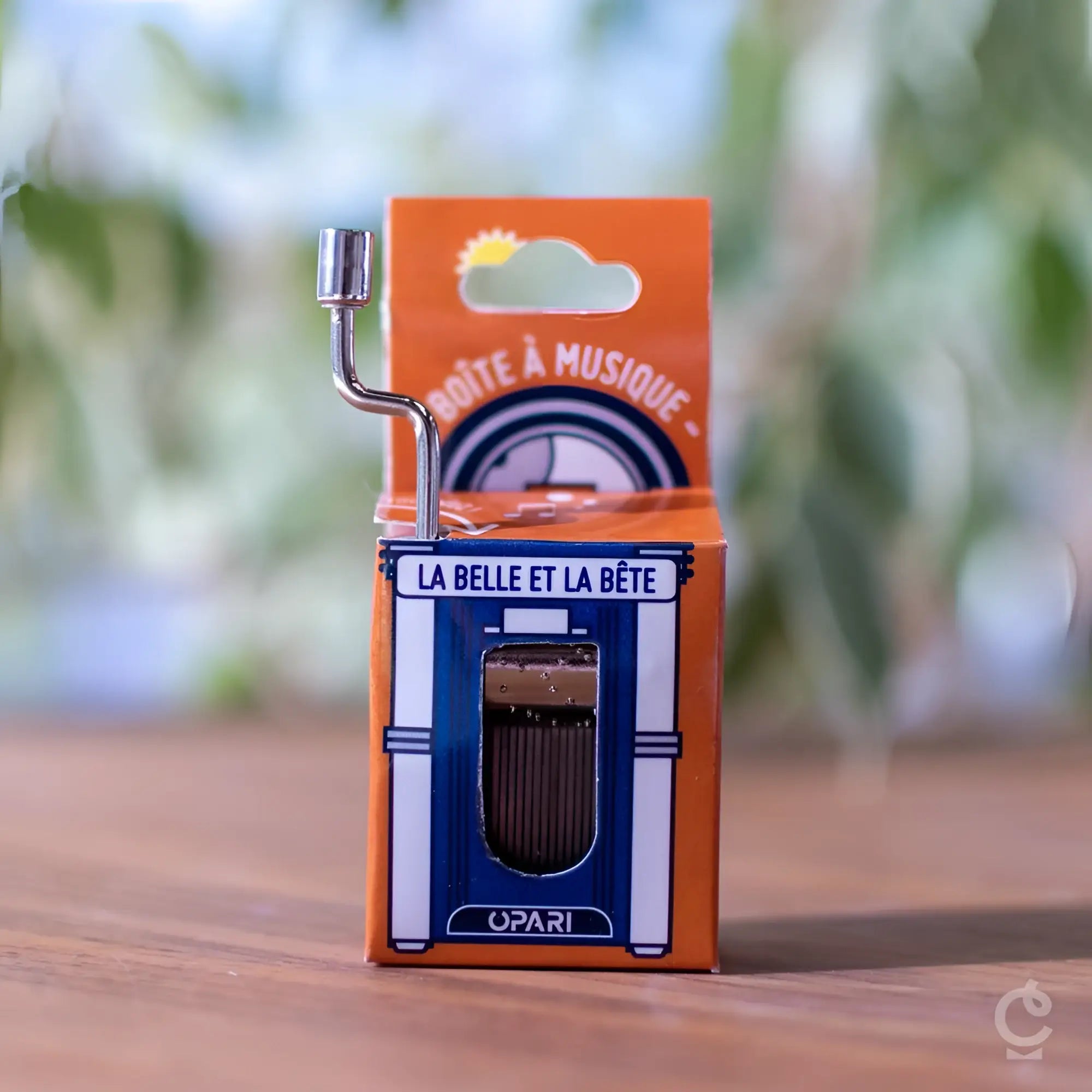 Miniatur silberne spieluhr belle und das biest juke box mit kurbel in orange blauer opari verpackung