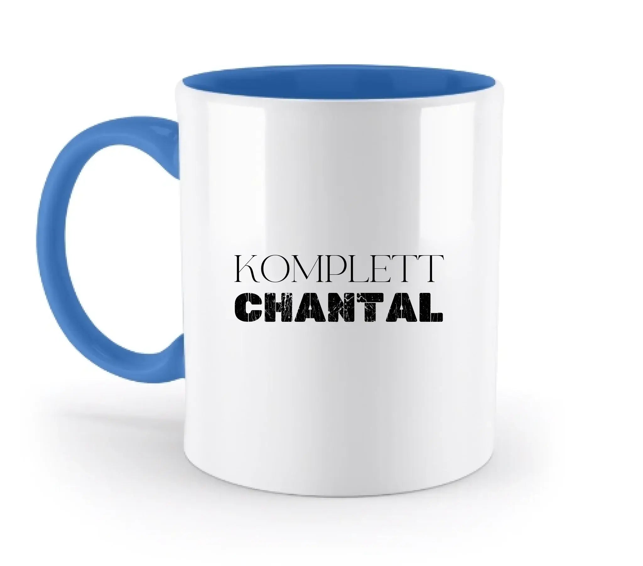 Weiße keramik Tasse mit blauem Griff und innen, personalisiert mit dem text komplett chantal aus der sprüche mit Namen 1 Kollektion