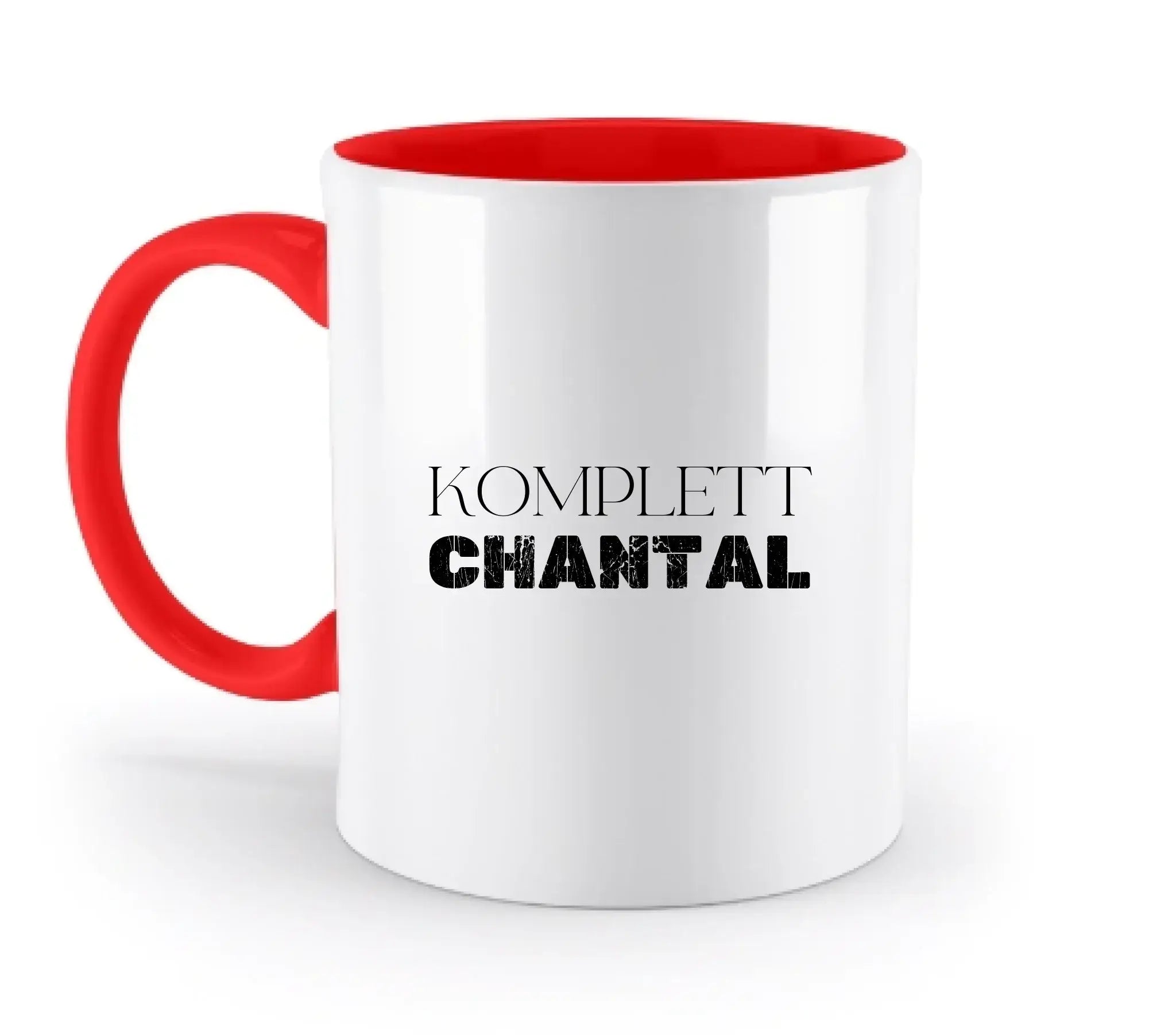 Weiße keramik tasse mit rotem griff und innen, personalisiert mit spruch komplett chantal aus der statement collection