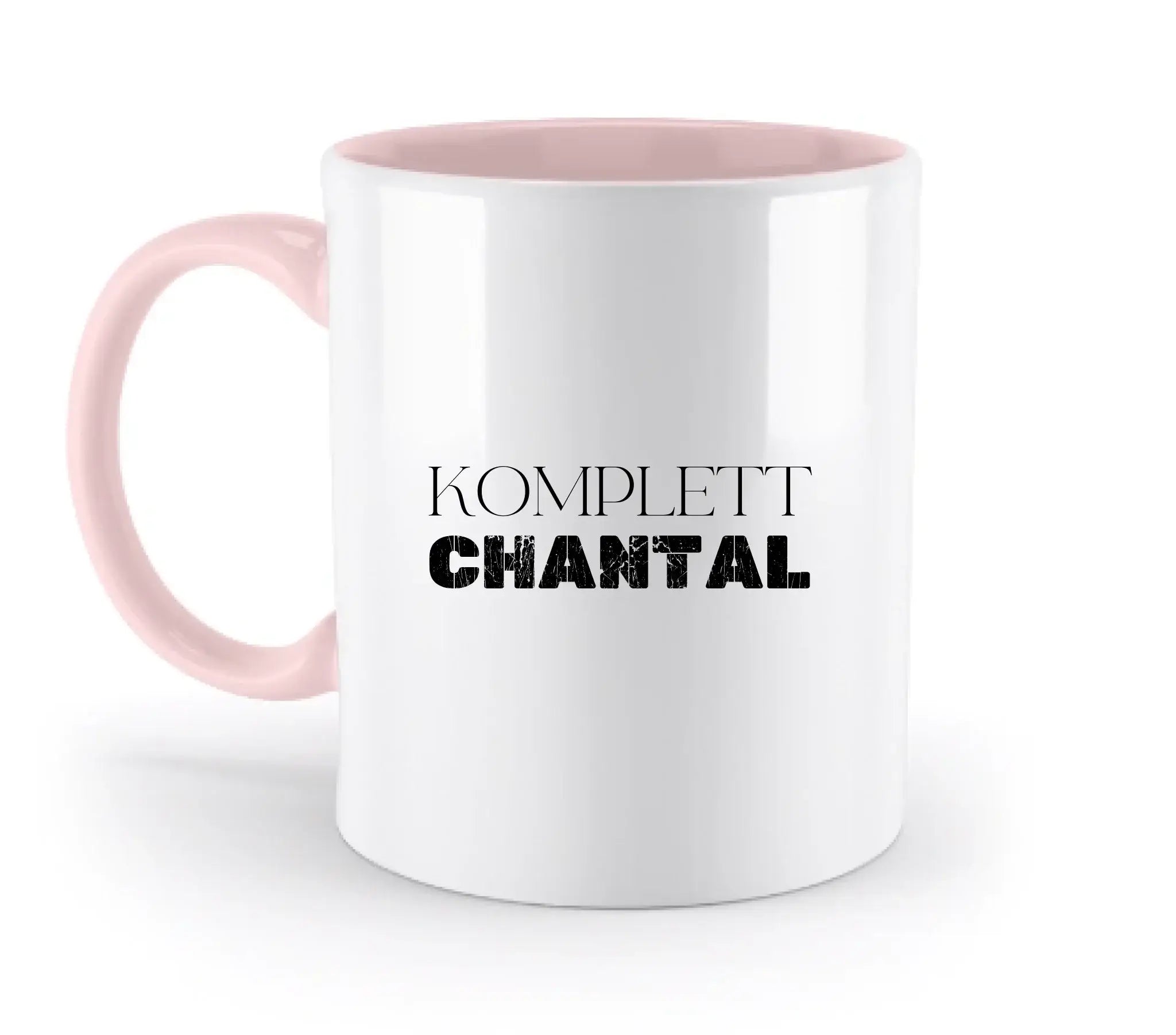 Weiße keramik tasse mit pinkem griff und innenfarbe mit dem text komplett chantal aus der statement collection