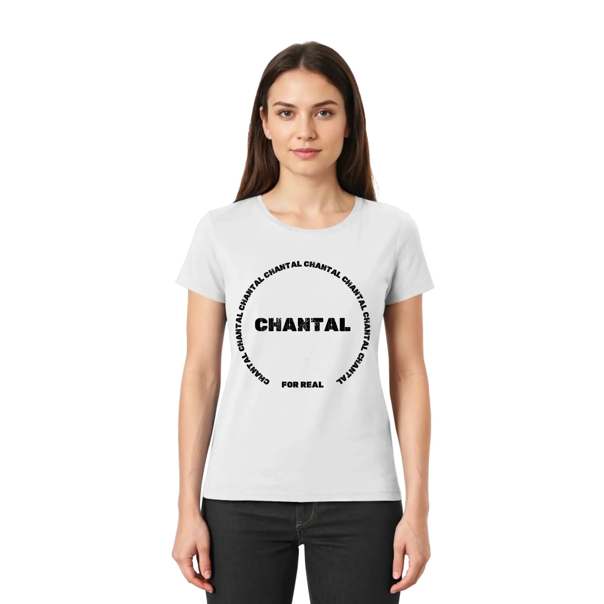 Weiße baumwoll t shirt mit fettem schwarzem kreisgrafik und dem wunschtext chantal for real aus der statement collection