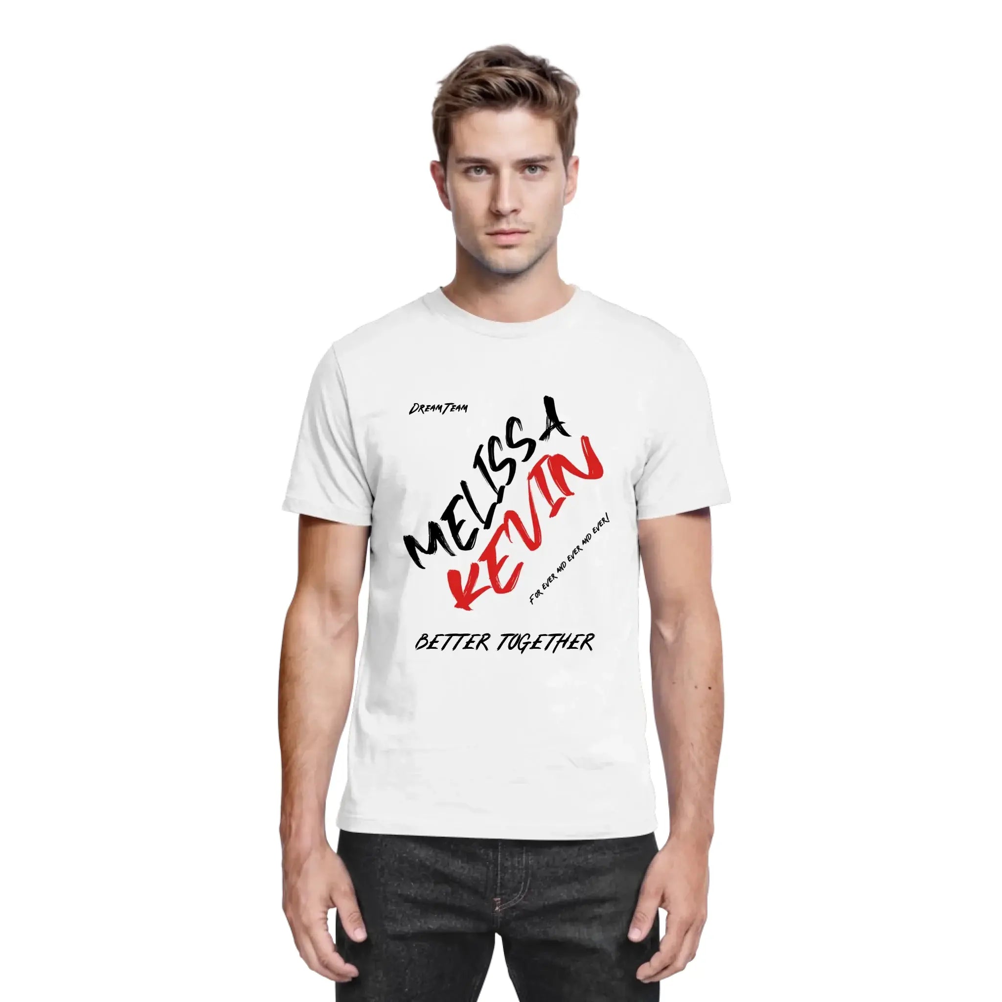 Weißes baumwollshirt mit schwarzem und rotem grafiktext melissa kevin besser together casual aus der statement-collection