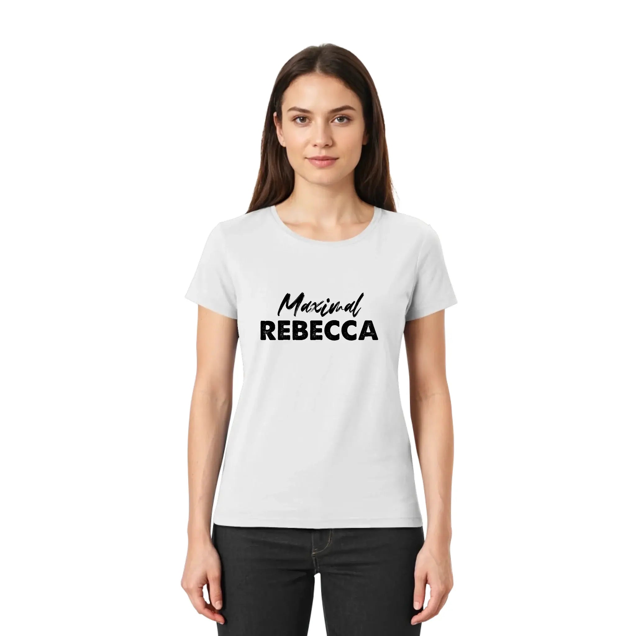Weiße damen kurzarm t shirt mit schwarzem print maximal rebecca in kursiv über blockbuchstaben personalisiert