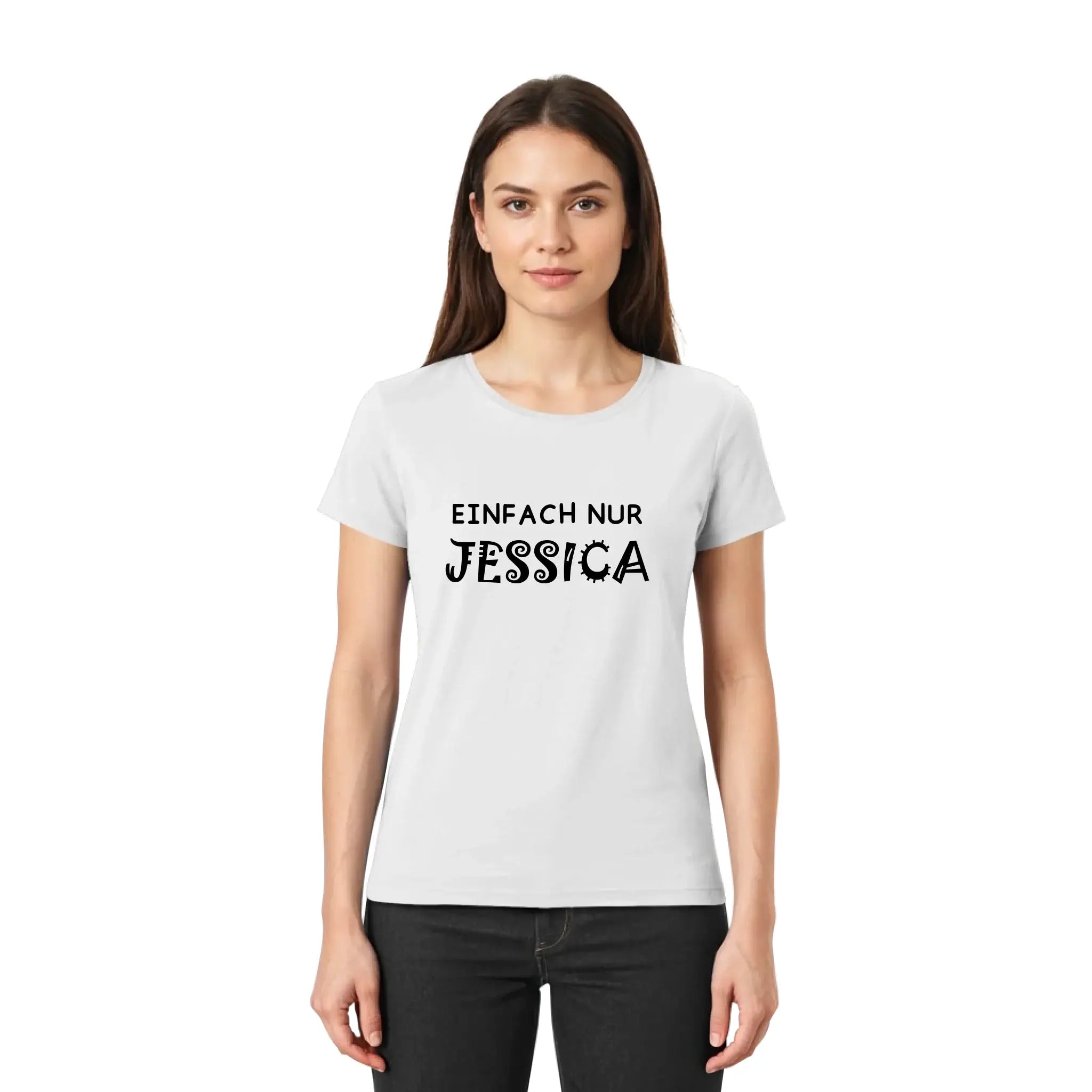 Weiße kurzarmshirt aus baumwolle mit schwarzem text einfach nur jessica aus der personalisierten statement-collection