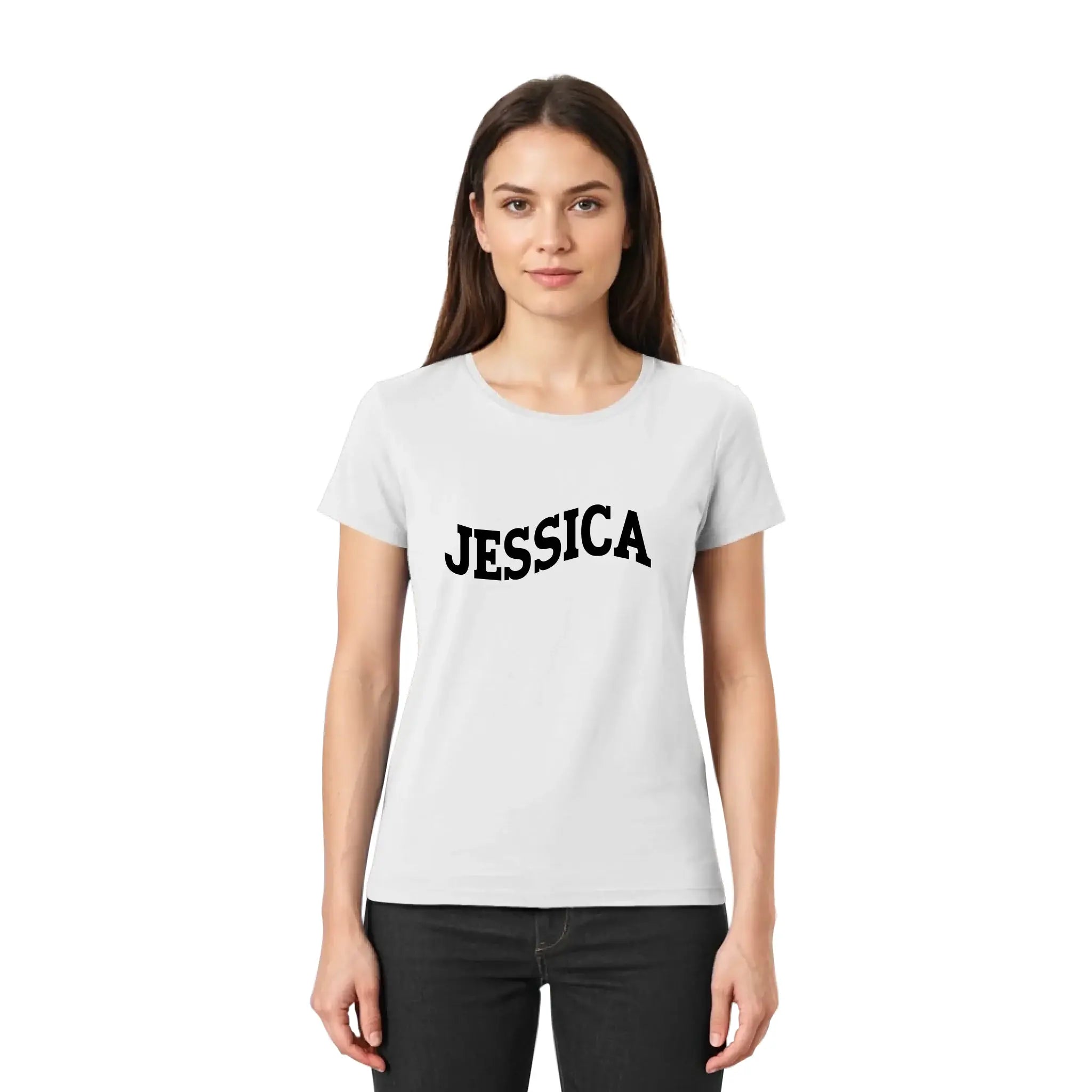 Weiße kurzarm t shirt mit schwarzem jessica print in fetter gebogener schrift aus der statement collection
