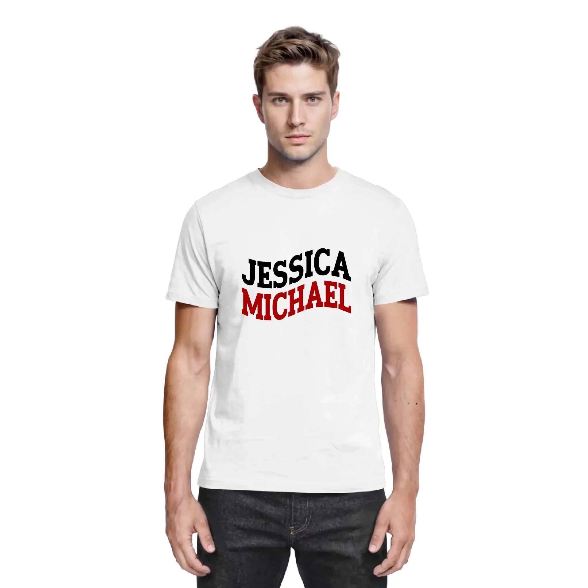 Weiße baumwoll t shirt mit jessica michael print in schwarz und rot aus der sprüche mit namen statement collection