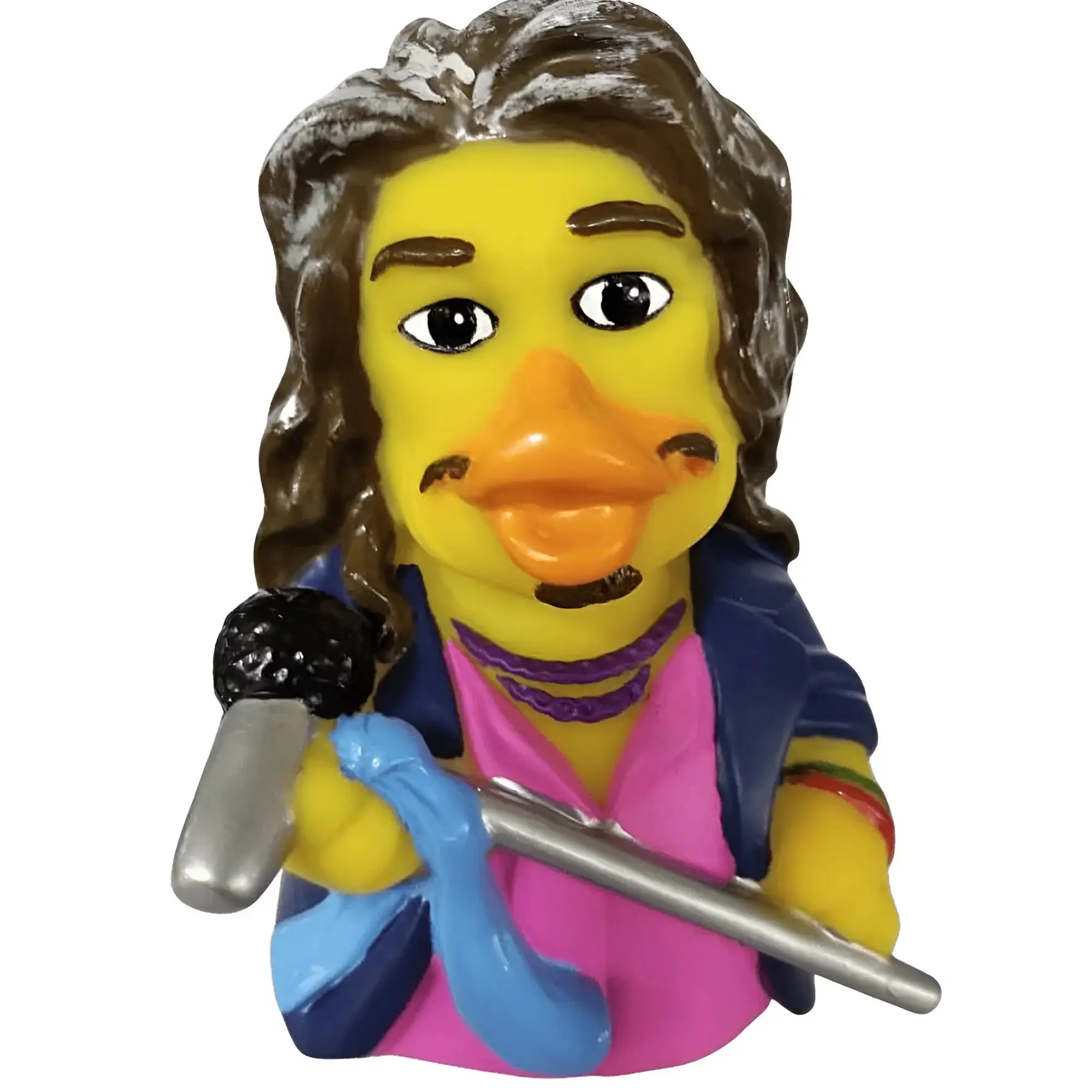 Gelbe gummiente squawk this way mit langen braunen locken, pinkem shirt, blauer jacke, mikrofon und trommelstock