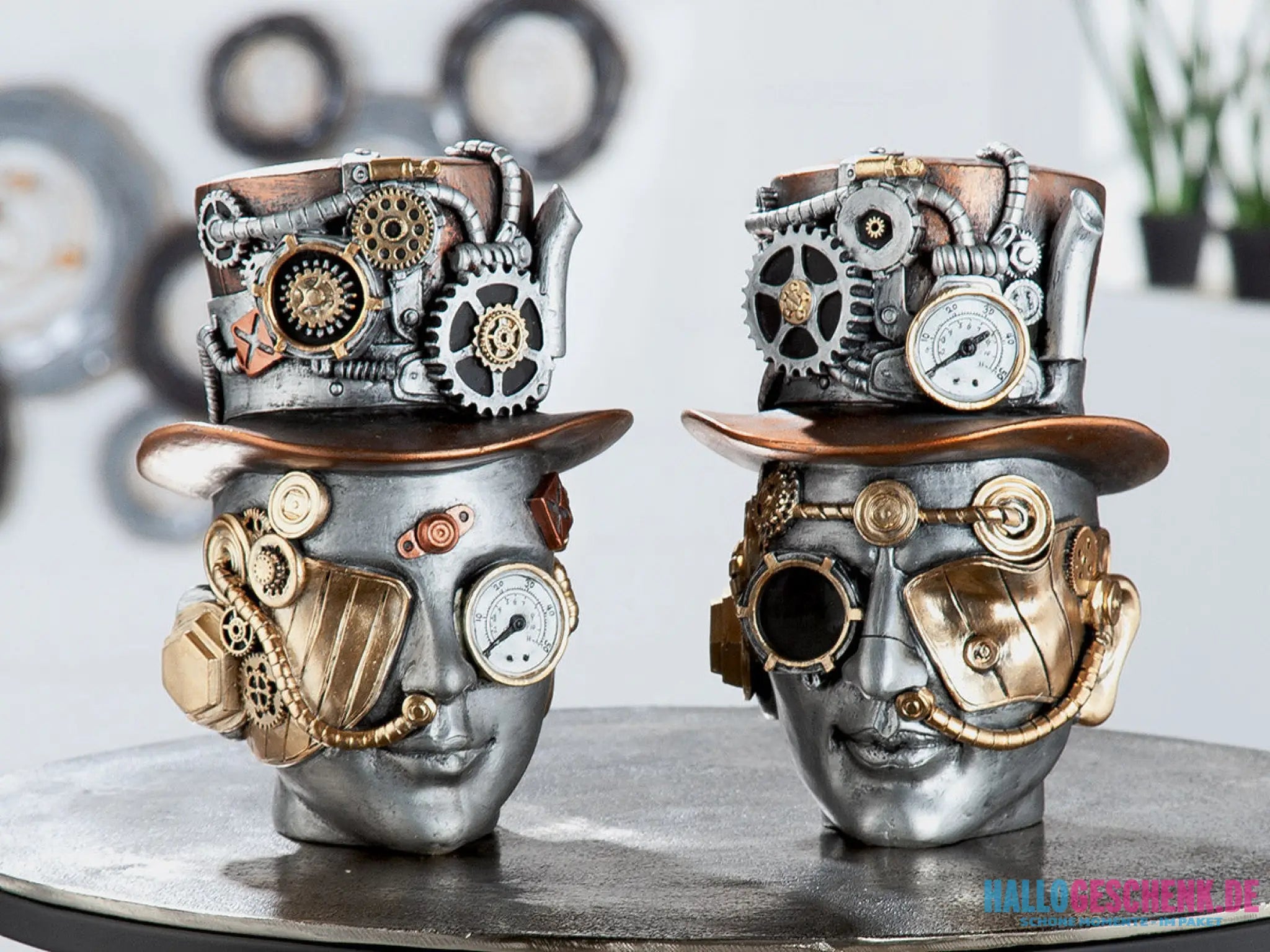 Steampunk: Dekoobjekt Kopf „Female“ • Kunstharz • Silber • 20x16x18 cm • Gilde - Steampunk