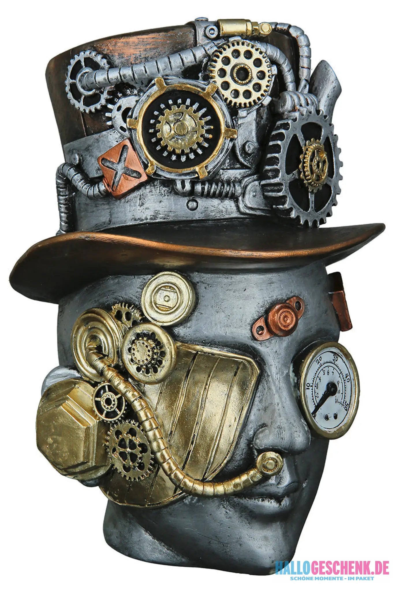Steampunk: Dekoobjekt Kopf „Female“ • Kunstharz • Silber • 20x16x18 cm • Gilde - Steampunk