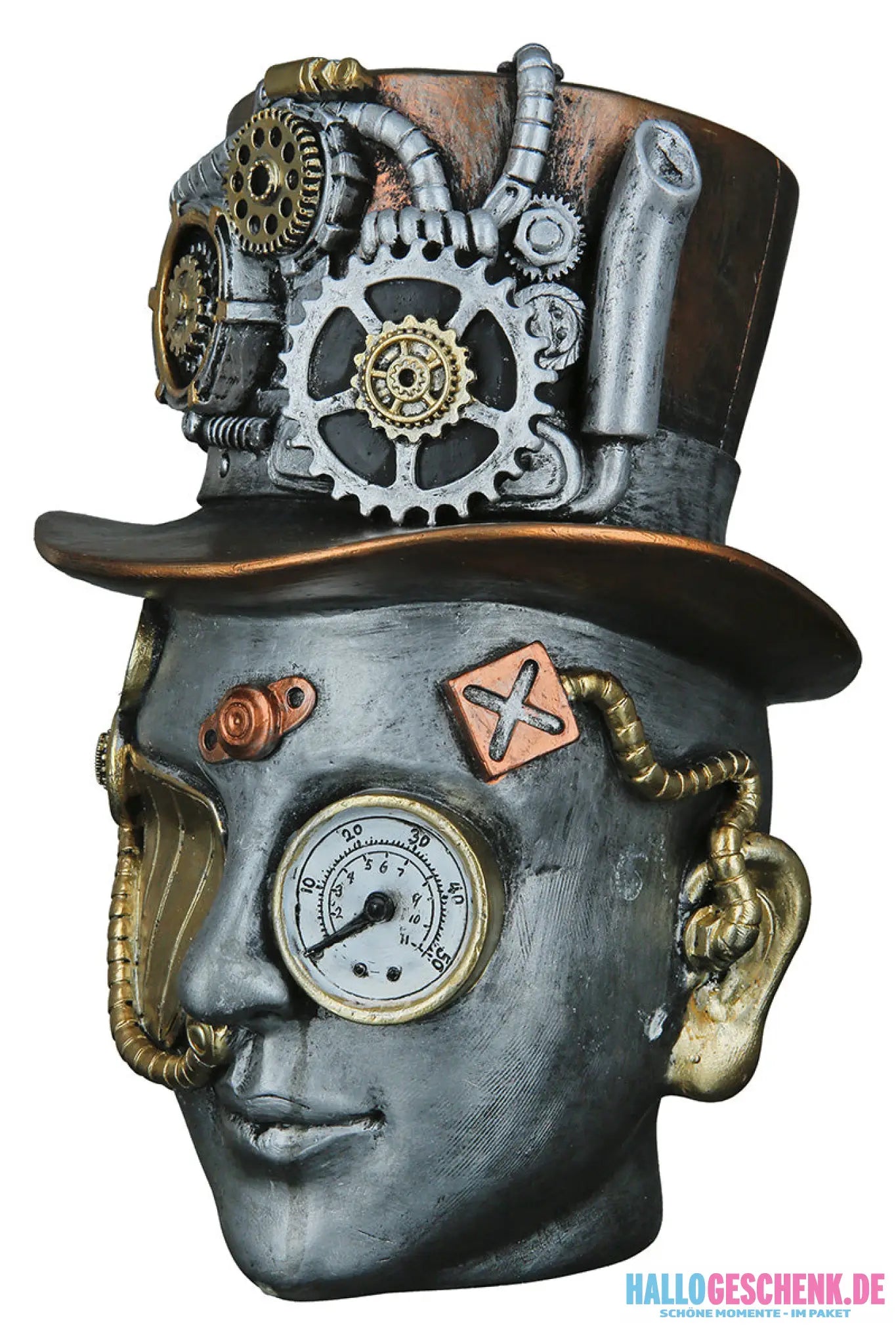 Steampunk: Dekoobjekt Kopf „Female“ • Kunstharz • Silber • 20x16x18 cm • Gilde - Steampunk