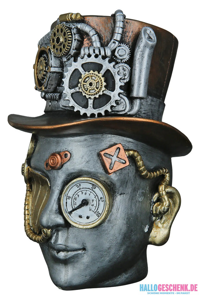 Steampunk: Dekoobjekt Kopf „Female“ • Kunstharz • Silber • 20x16x18 cm • Gilde - Steampunk