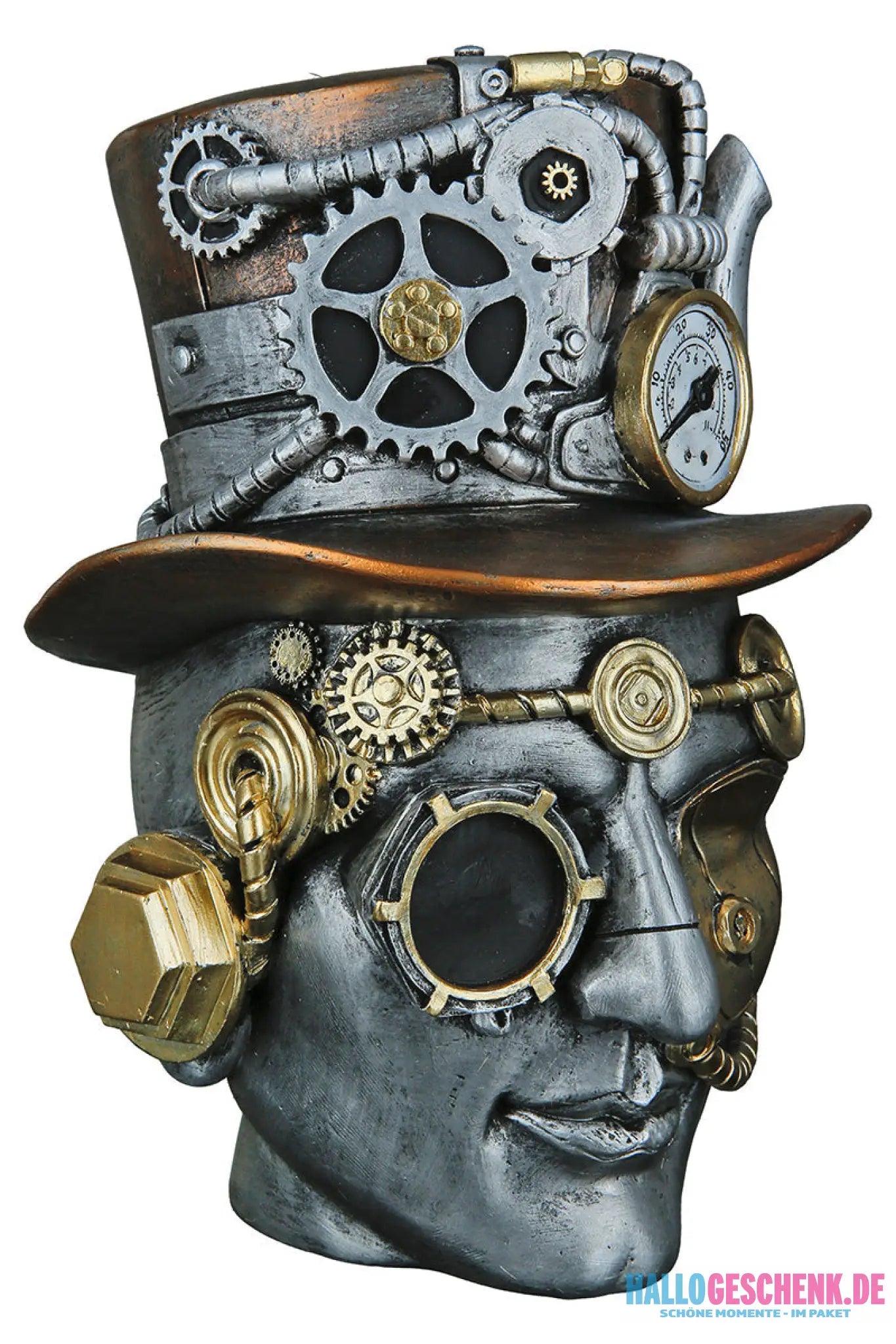 Steampunk: Dekoobjekt Kopf „Male“ • Kunstharz • Silber • 20x16x18 cm • Gilde - Steampunk
