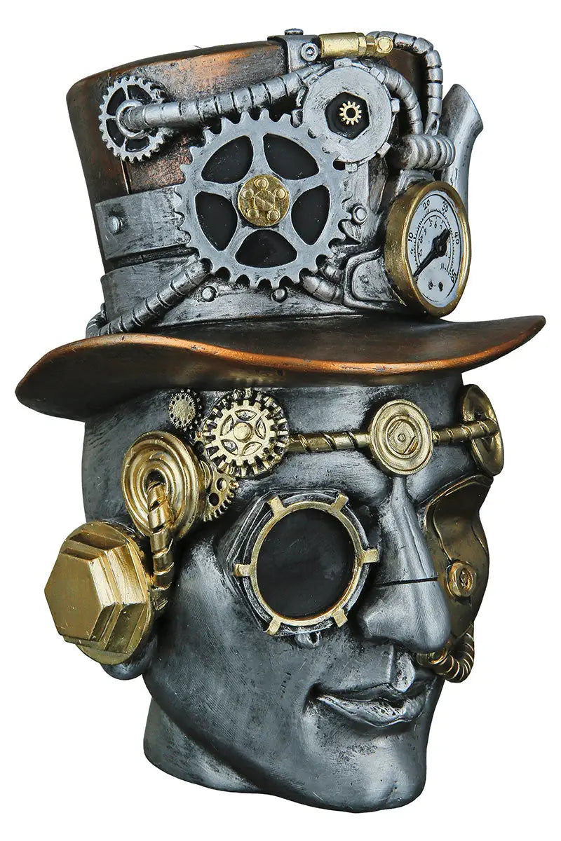 Steampunk: Dekoobjekt Kopf „Male“ • Kunstharz • Silber • 20x16x18 cm • Gilde - Steampunk
