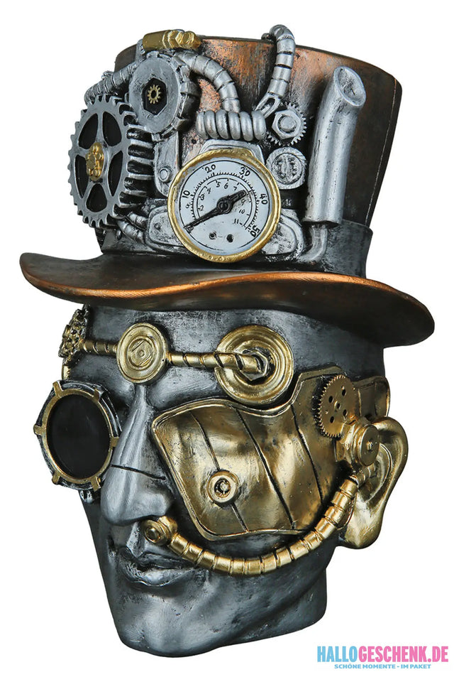 Steampunk: Dekoobjekt Kopf „Male“ • Kunstharz • Silber • 20x16x18 cm • Gilde - Steampunk