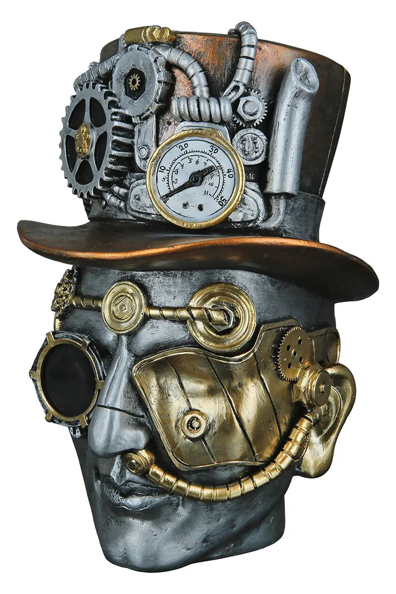 Steampunk: Dekoobjekt Kopf „Male“ • Kunstharz • Silber • 20x16x18 cm • Gilde - Steampunk