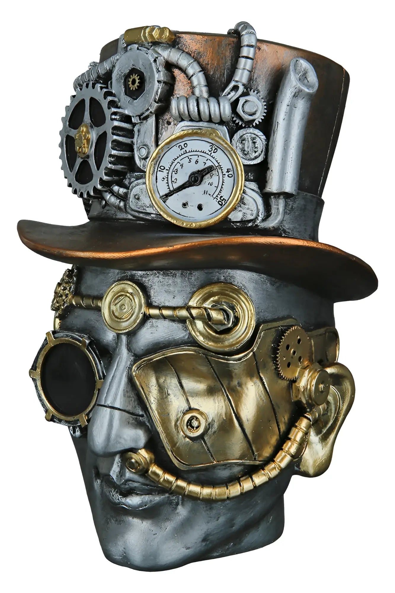Steampunk dekoobjekt kopf male aus kunstharz mit silberfarbenen zapfen und messinguhren, brillen und rohren
