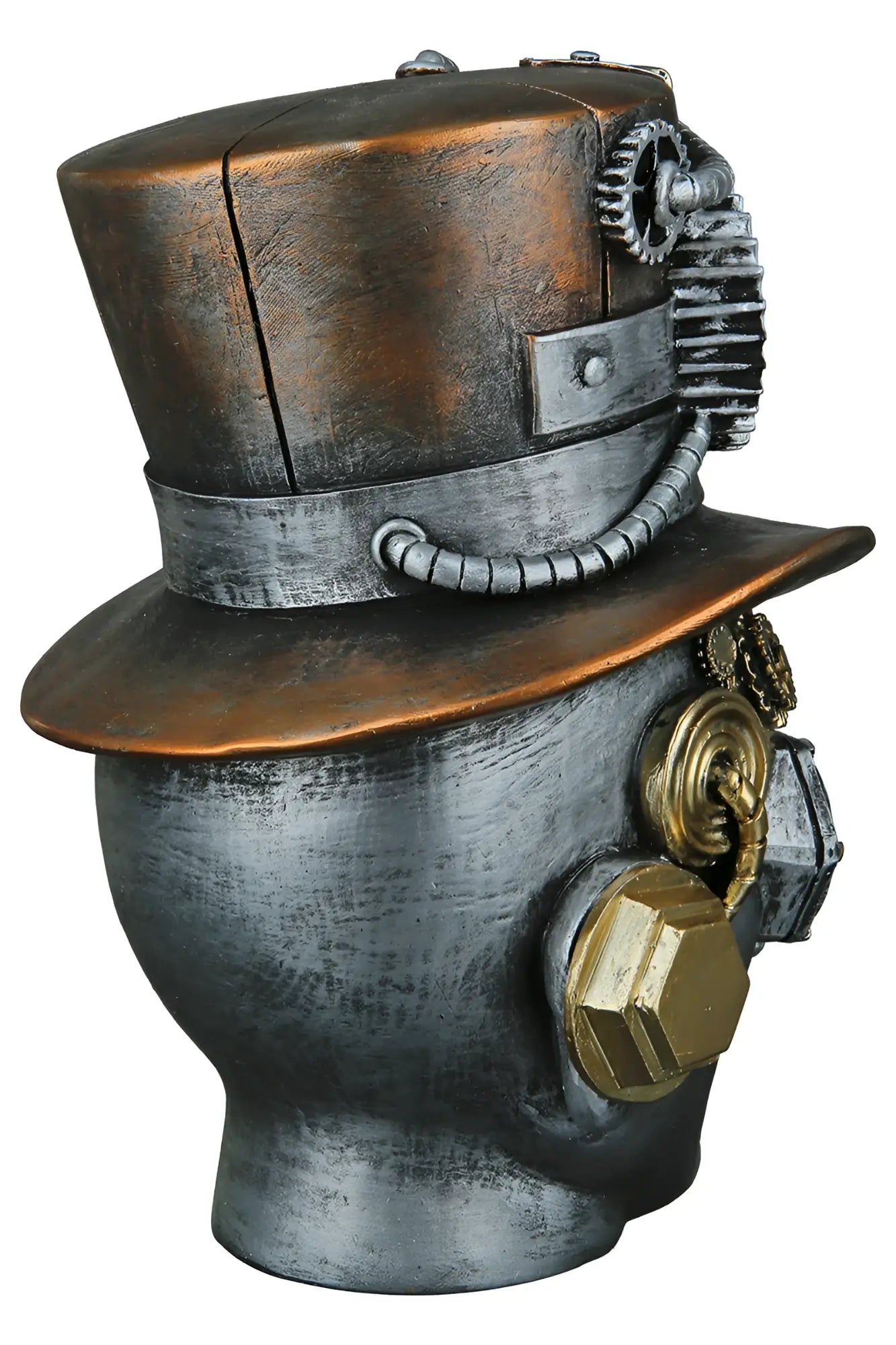 Steampunk dekoobjekt kopf male in silber aus kunstharz mit messing und silber akzenten gears rohren und sechseck knopfen
