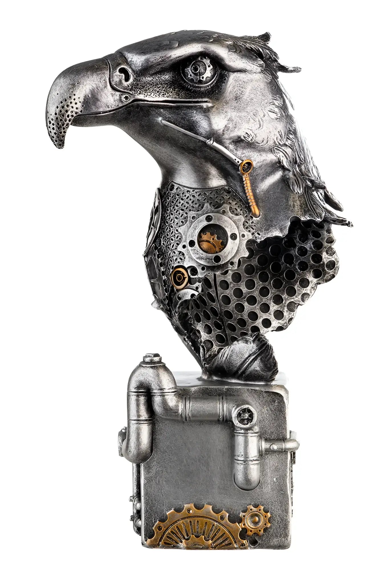 Steampunk figur adler vogel des lichts aus kunstharz mit silbernen und messingfarbenen mechanischen details